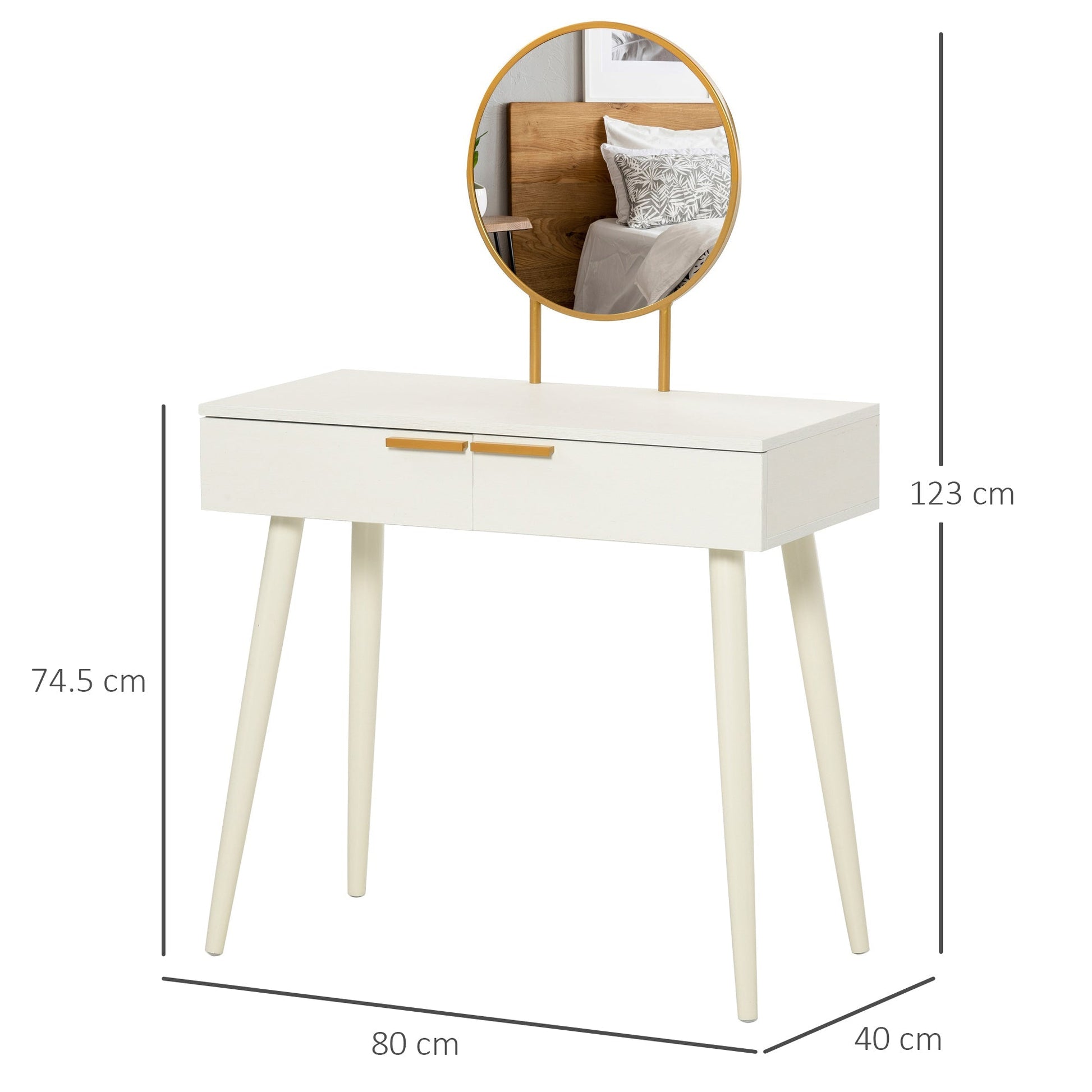 HOMCOM Modern Dressing Table with Round Mirror, Makeup Vanity Table with 2 Drawers for Bedroom, Living Room, White | Luxury Home Accessories | Heulog Glow