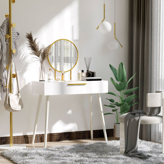 HOMCOM Modern Dressing Table with Round Mirror, Makeup Vanity Table with 2 Drawers for Bedroom, Living Room, White | Luxury Home Accessories | Heulog Glow