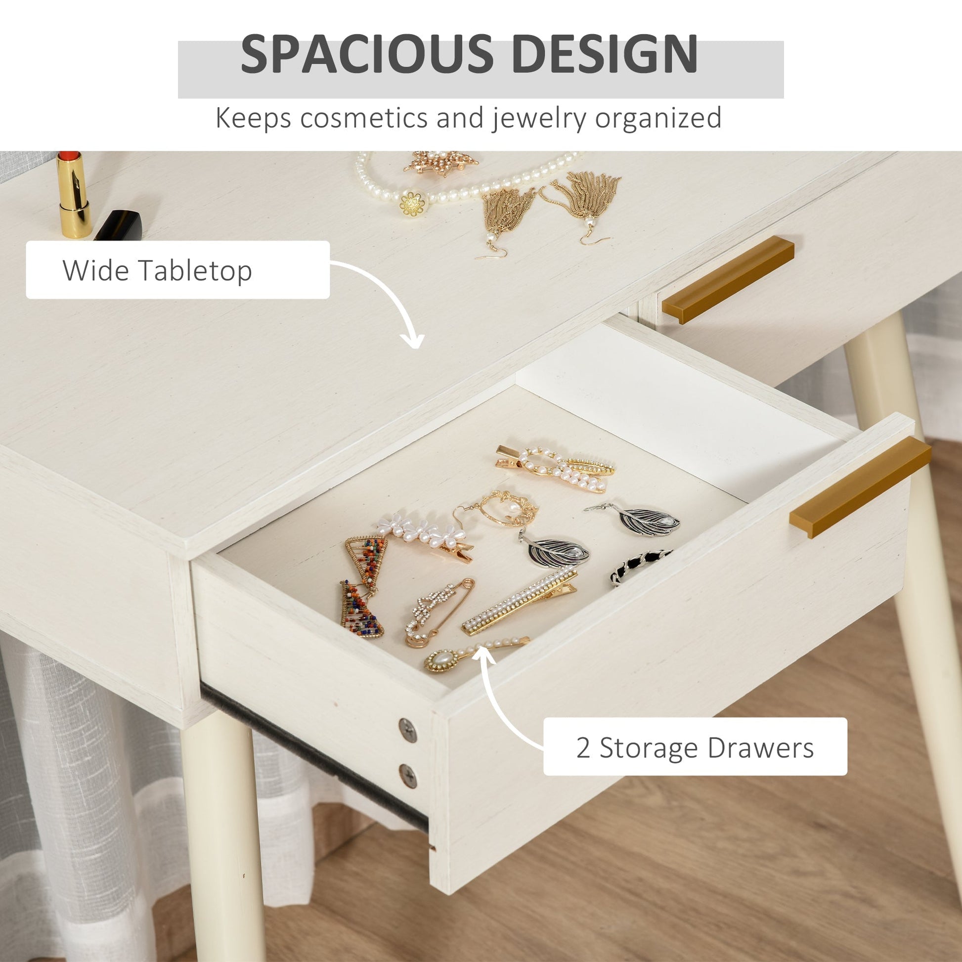 HOMCOM Modern Dressing Table with Round Mirror, Makeup Vanity Table with 2 Drawers for Bedroom, Living Room, White | Luxury Home Accessories | Heulog Glow