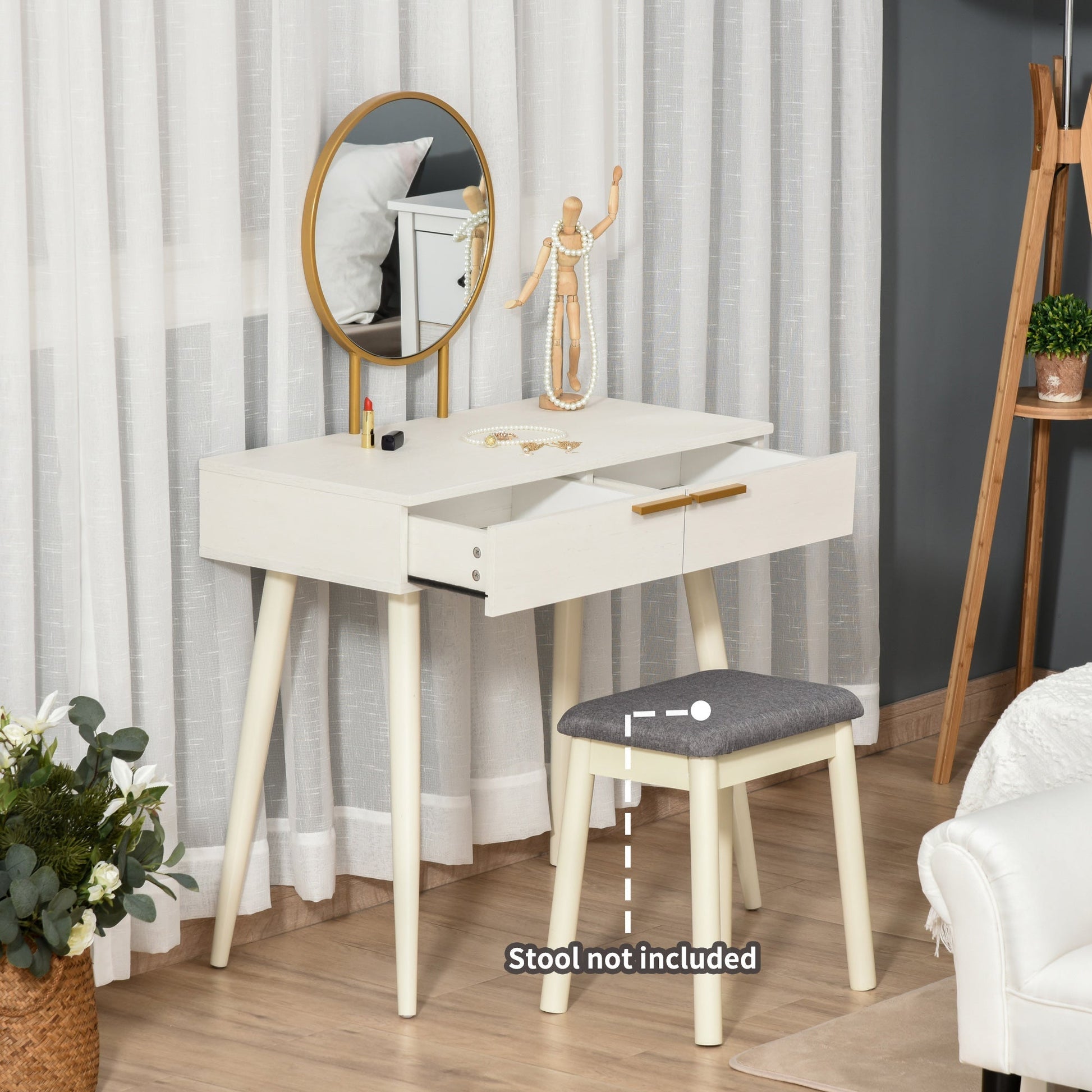 HOMCOM Modern Dressing Table with Round Mirror, Makeup Vanity Table with 2 Drawers for Bedroom, Living Room, White | Luxury Home Accessories | Heulog Glow