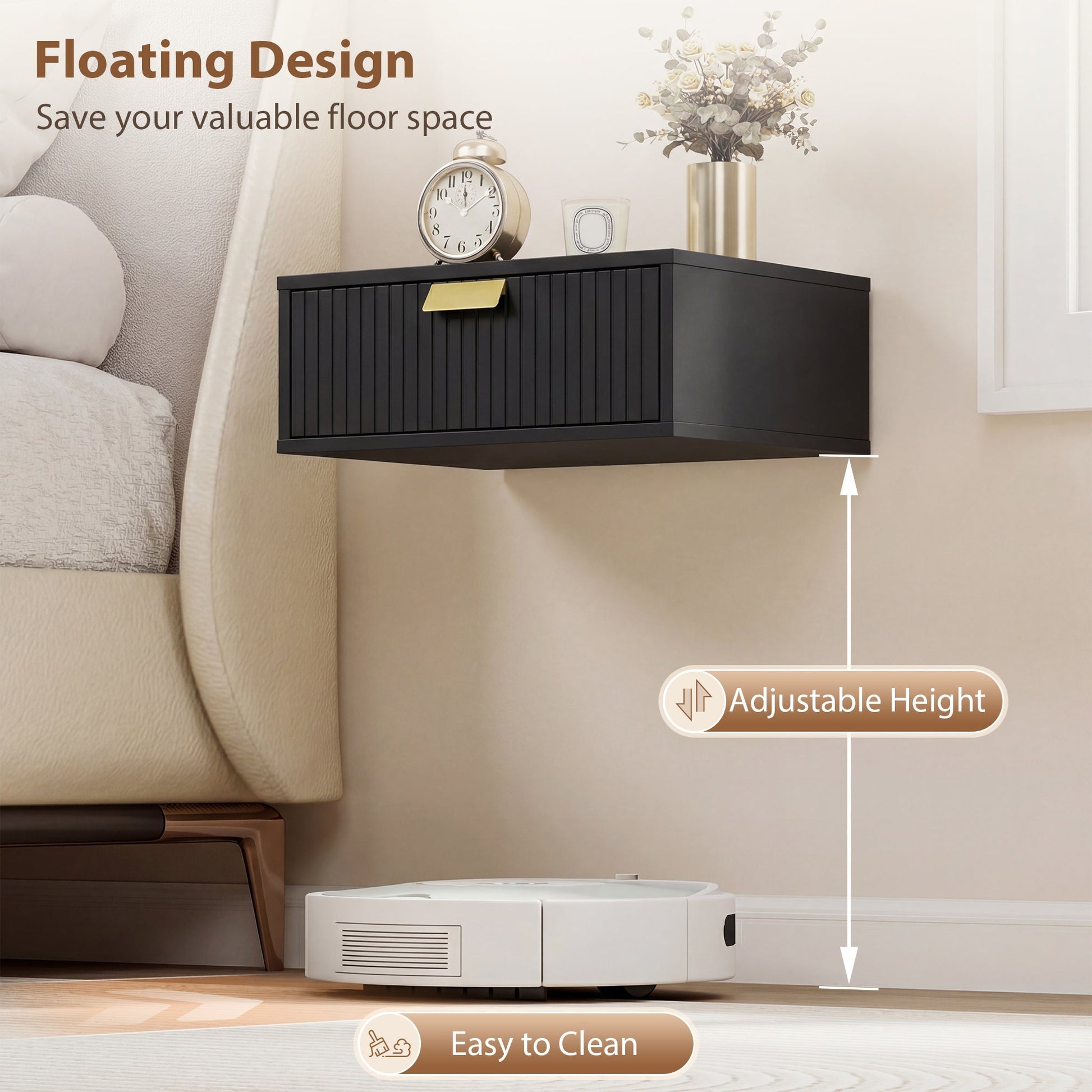HOMCOM Modern Floating Nightstands Set of 2, Wall Mounted Bedside Tables with Wave Drawer Black | Luxury Home Accessories | Heulog Glow