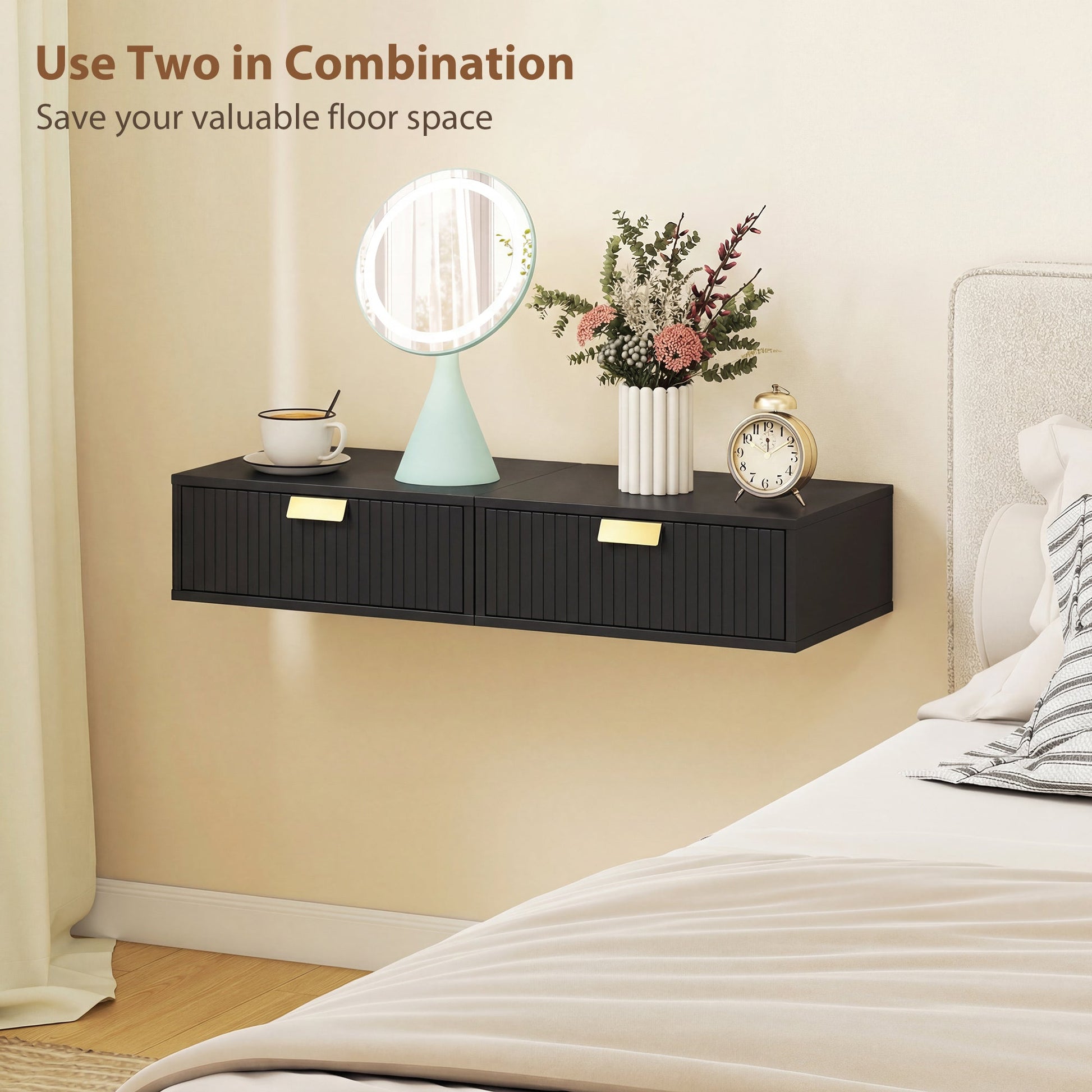 HOMCOM Modern Floating Nightstands Set of 2, Wall Mounted Bedside Tables with Wave Drawer Black | Luxury Home Accessories | Heulog Glow