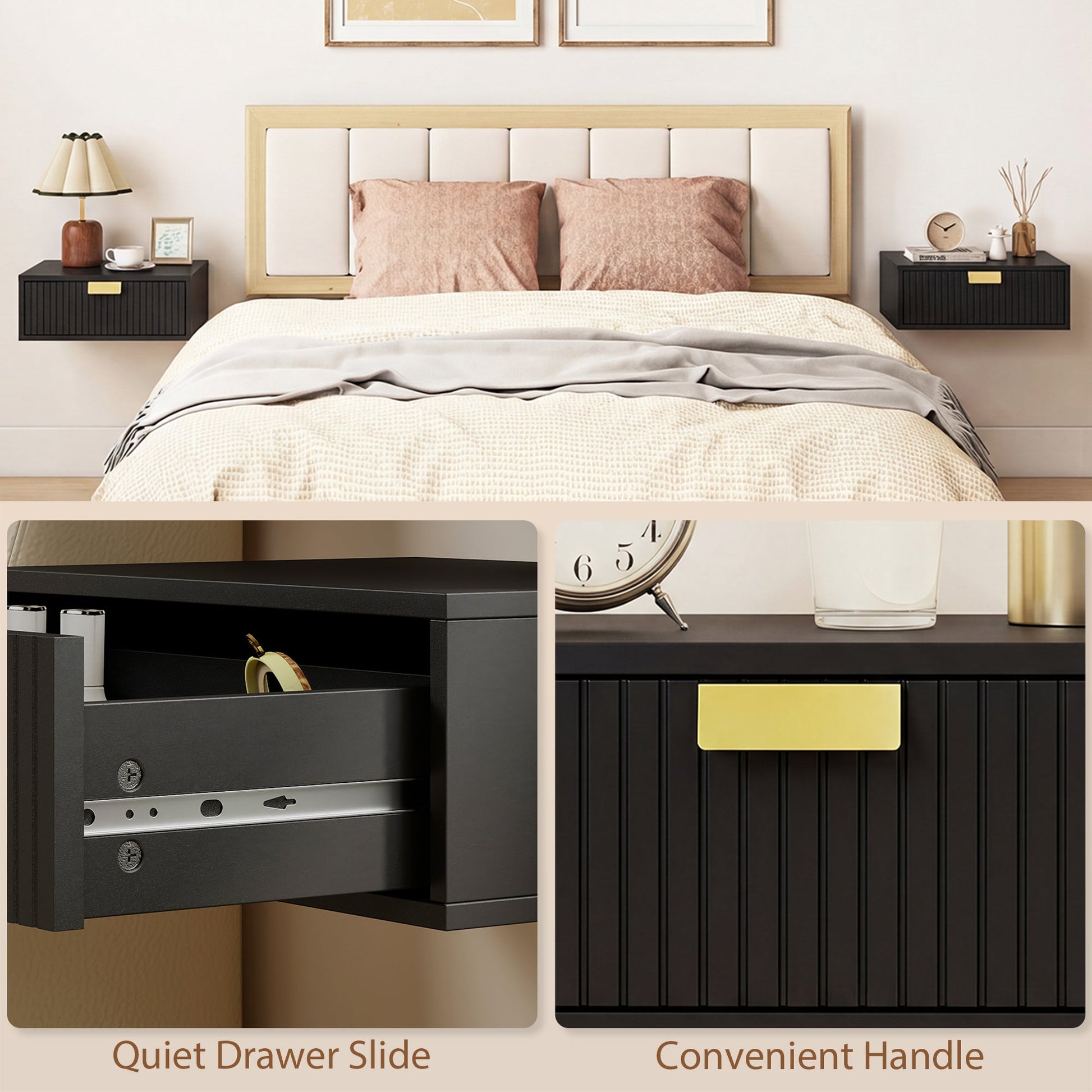 HOMCOM Modern Floating Nightstands Set of 2, Wall Mounted Bedside Tables with Wave Drawer Black | Luxury Home Accessories | Heulog Glow