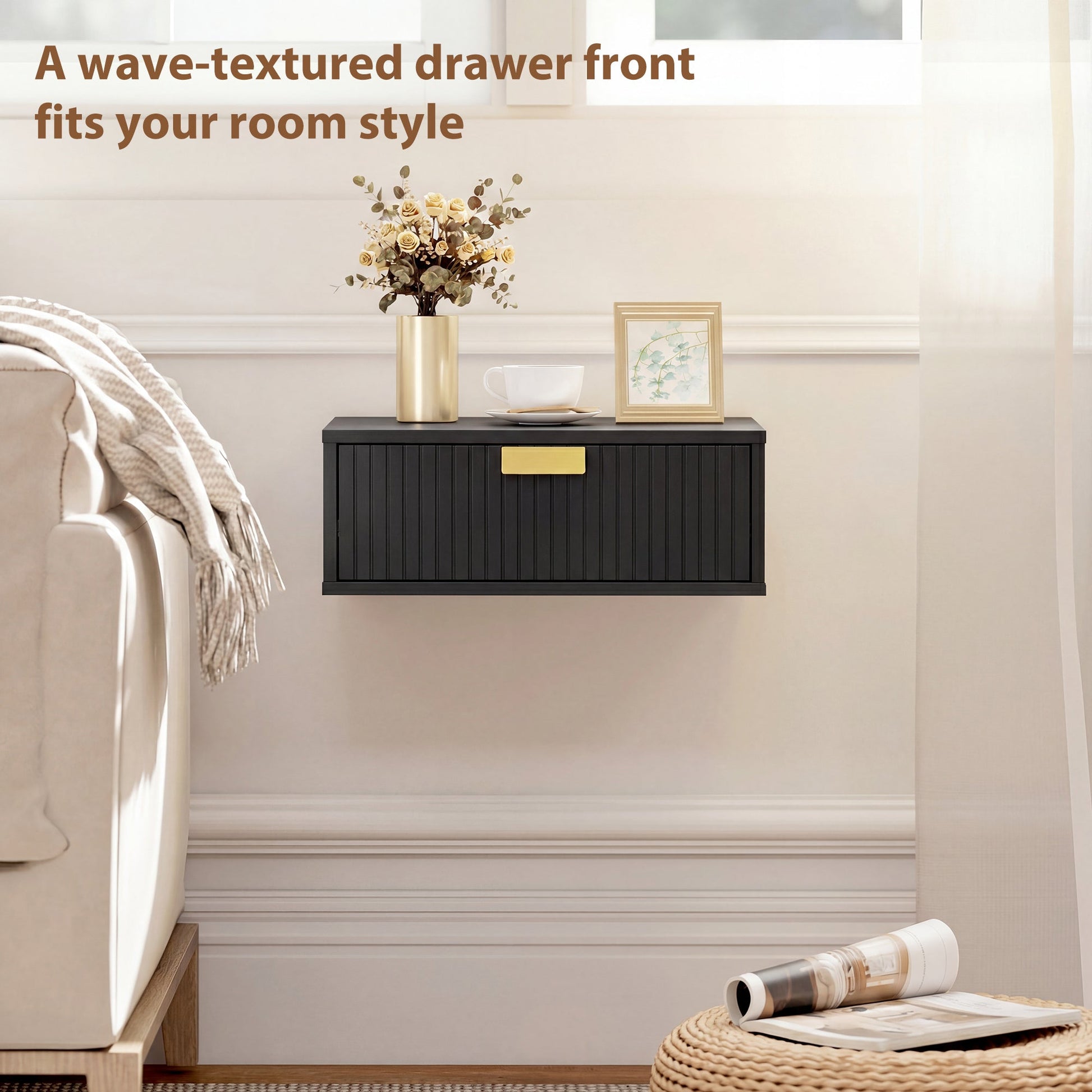 HOMCOM Modern Floating Nightstands Set of 2, Wall Mounted Bedside Tables with Wave Drawer Black | Luxury Home Accessories | Heulog Glow