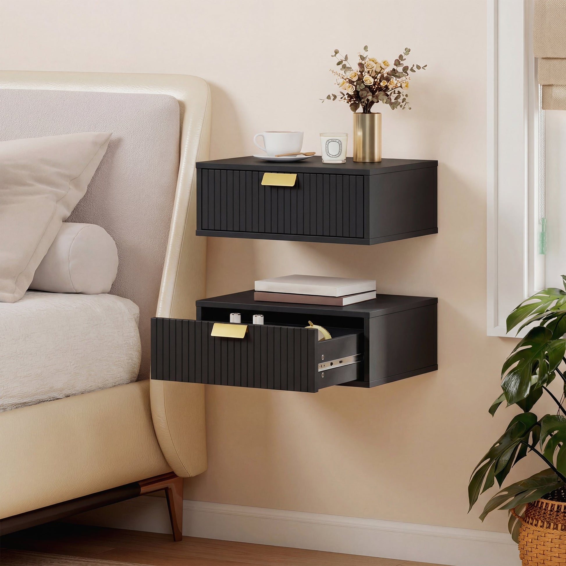 HOMCOM Modern Floating Nightstands Set of 2, Wall Mounted Bedside Tables with Wave Drawer Black | Luxury Home Accessories | Heulog Glow