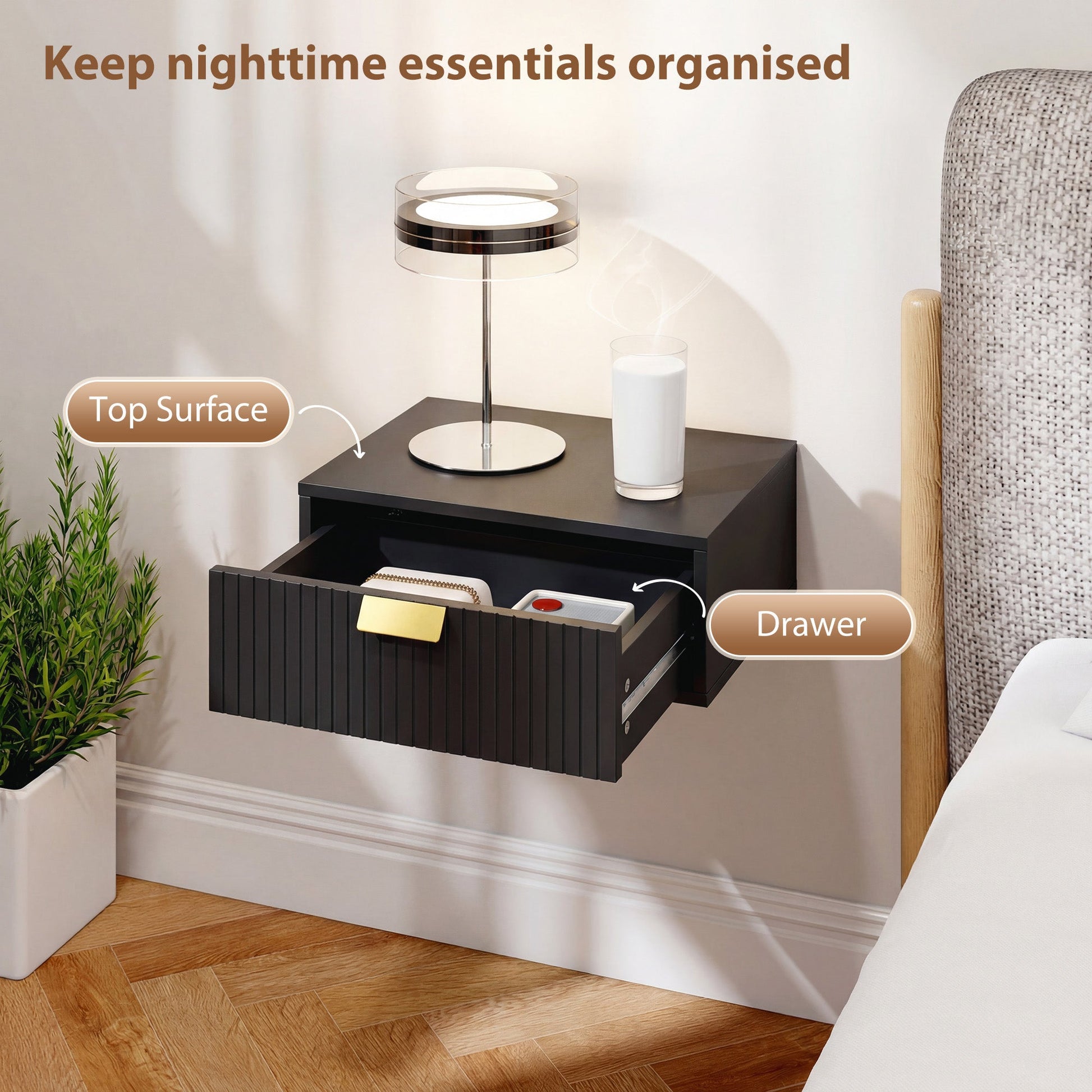 HOMCOM Modern Floating Nightstands Set of 2, Wall Mounted Bedside Tables with Wave Drawer Black | Luxury Home Accessories | Heulog Glow