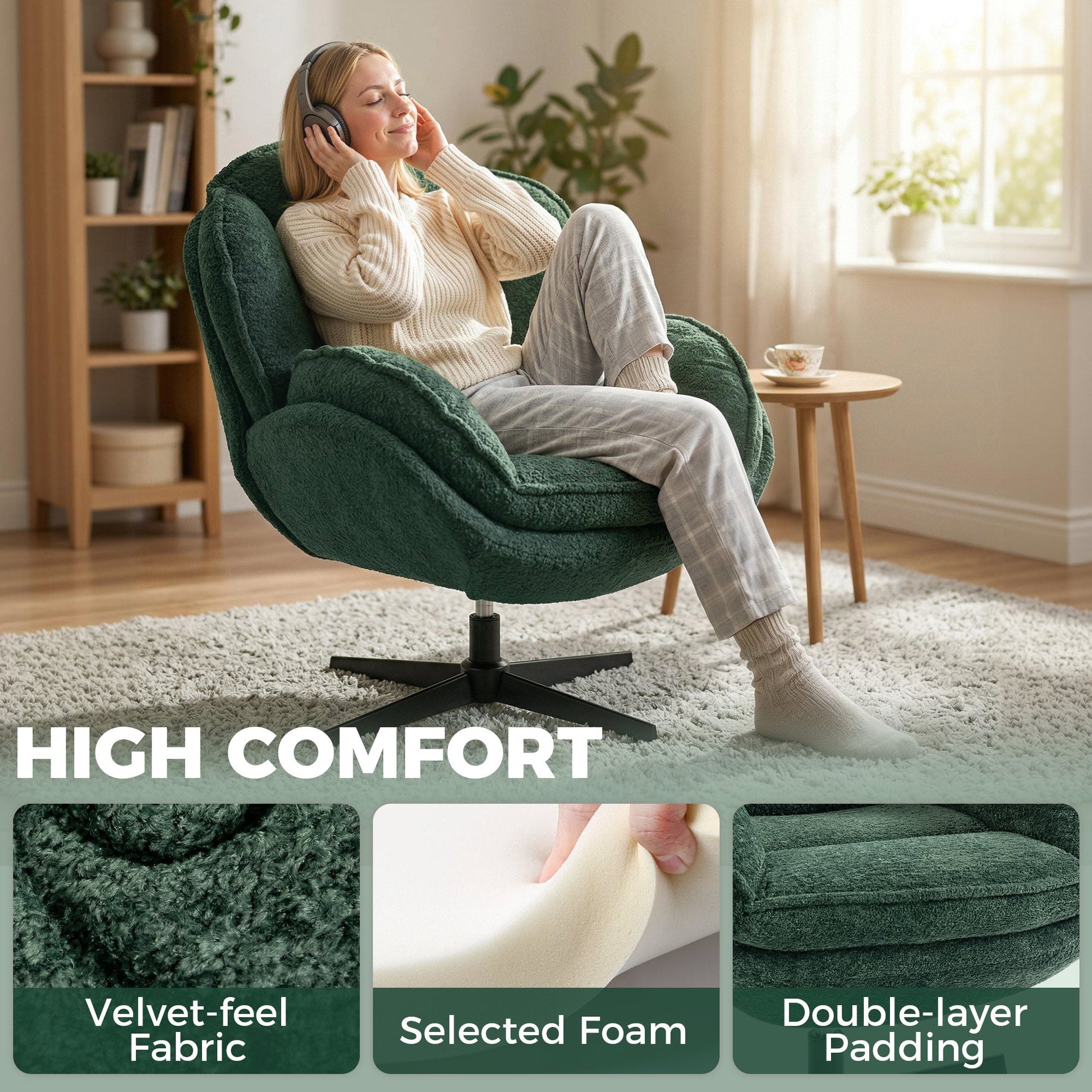 HOMCOM Modern Wingback Accent Chair, Velvet Armchair with Four-Star Base, S-Springs, Swivel, Dark Green | Luxury Home Accessories | Heulog Glow