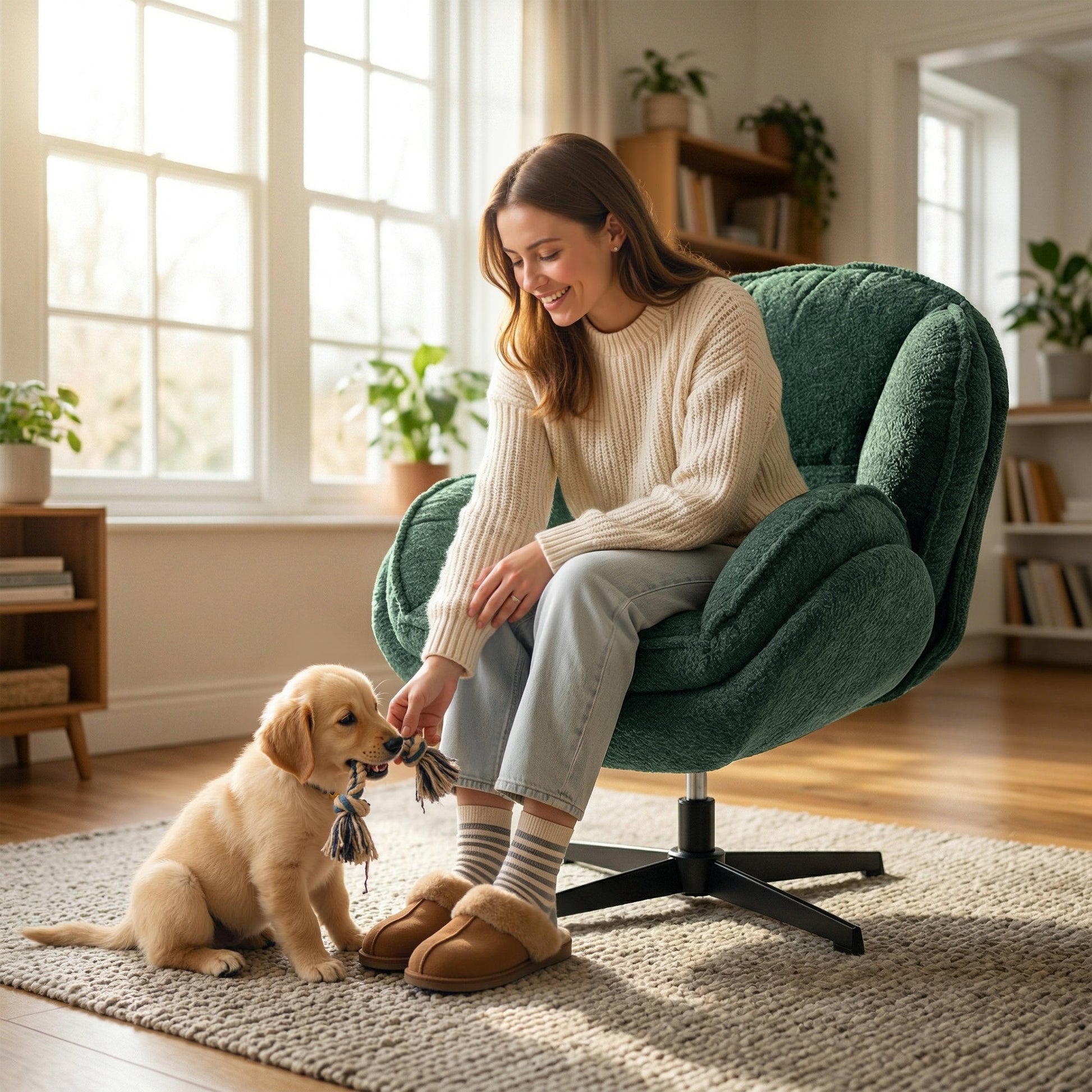 HOMCOM Modern Wingback Accent Chair, Velvet Armchair with Four-Star Base, S-Springs, Swivel, Dark Green | Luxury Home Accessories | Heulog Glow