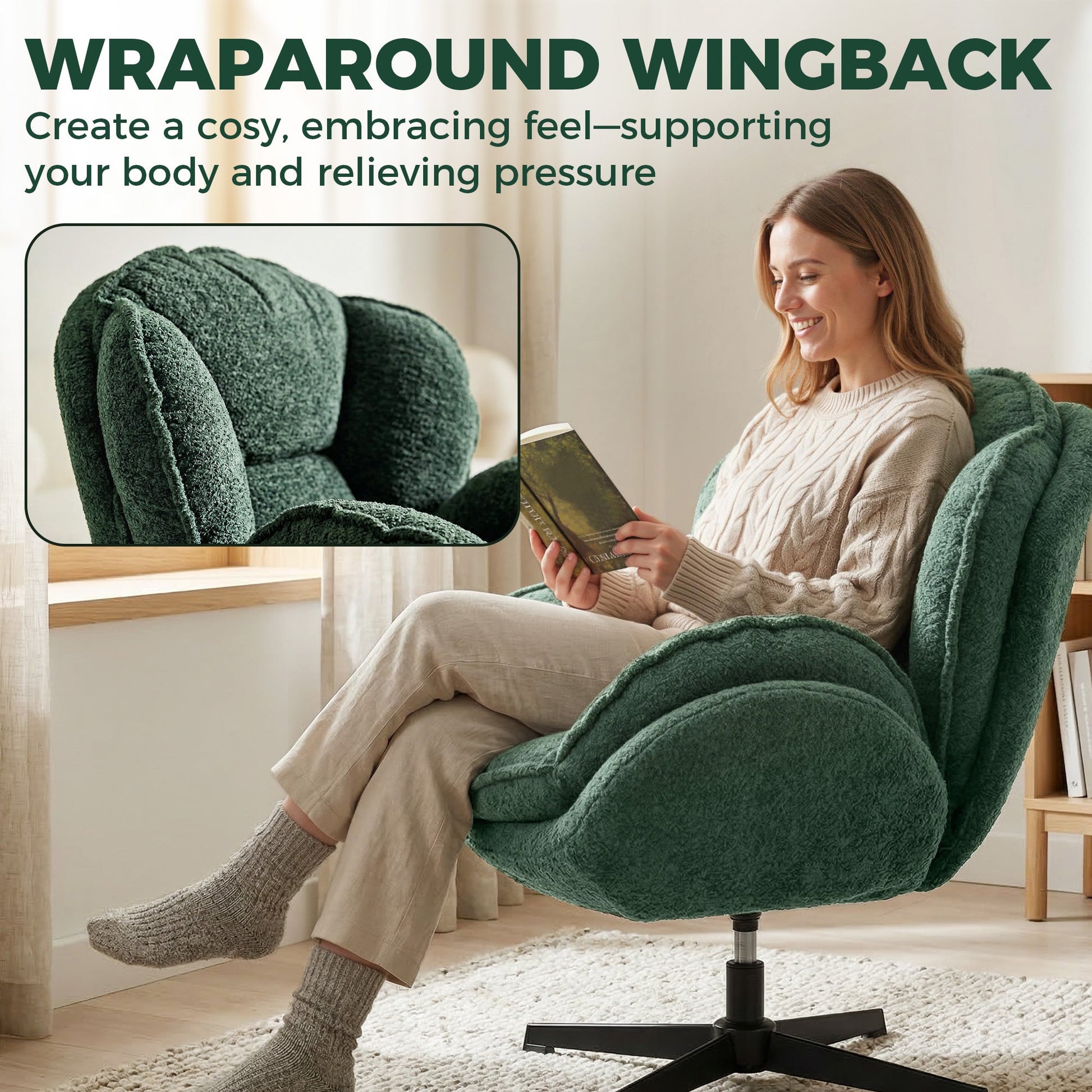 HOMCOM Modern Wingback Accent Chair, Velvet Armchair with Four-Star Base, S-Springs, Swivel, Dark Green | Luxury Home Accessories | Heulog Glow