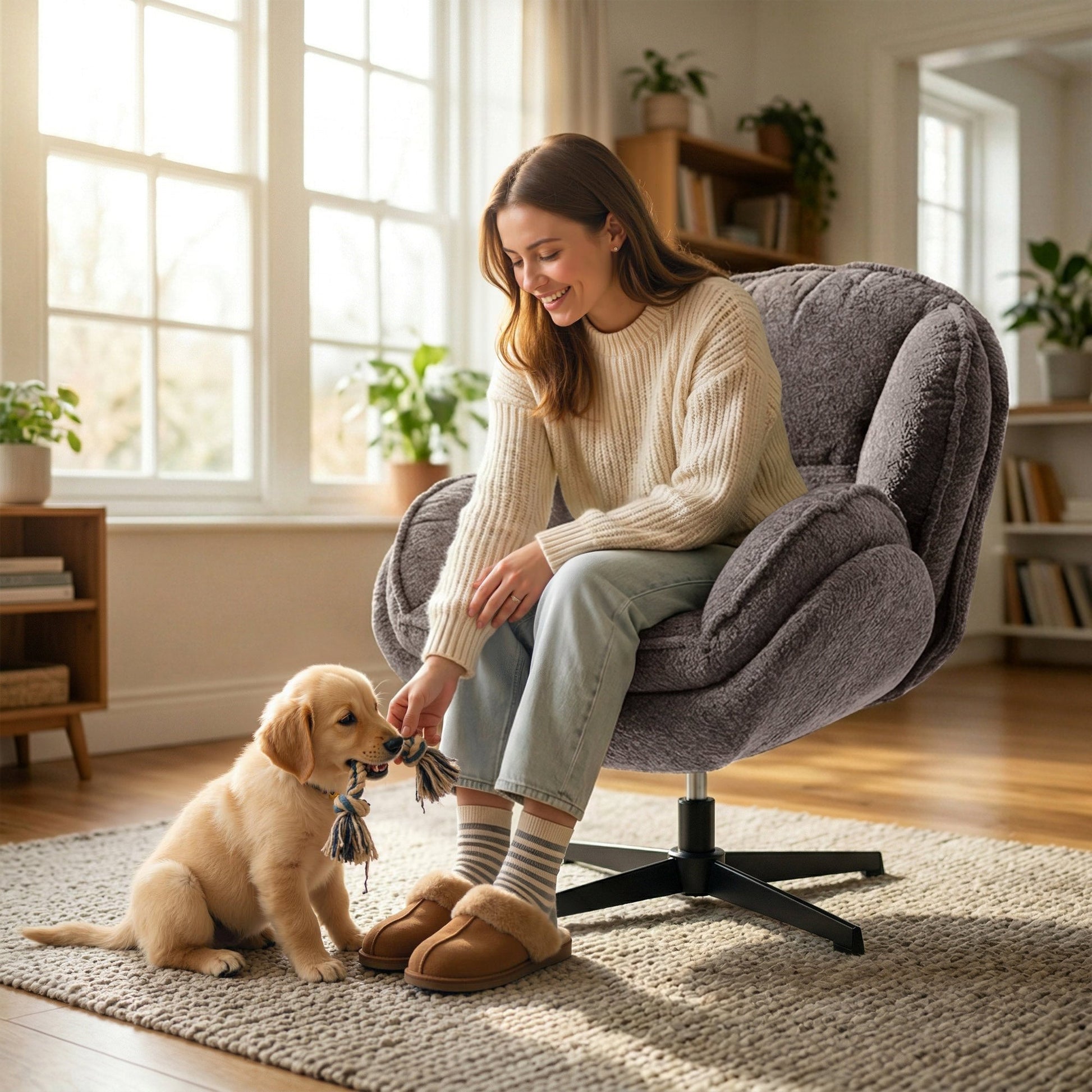 HOMCOM Modern Wingback Accent Chair, Velvet Armchair with Four-Star Base, S-Springs, Swivel, Grey | Luxury Home Accessories | Heulog Glow