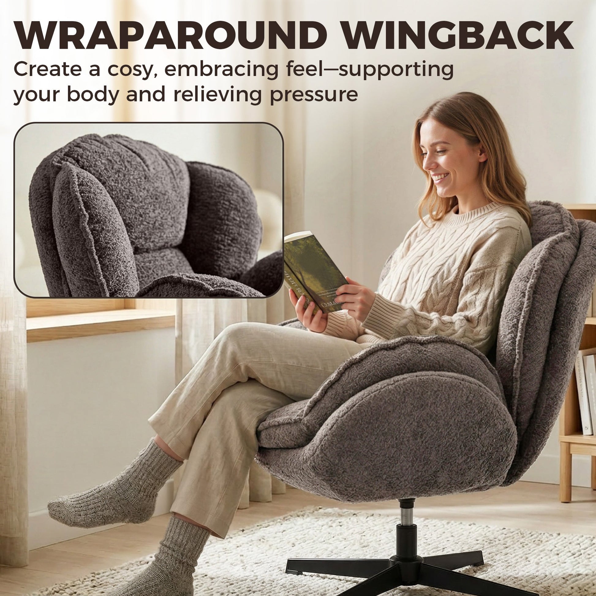HOMCOM Modern Wingback Accent Chair, Velvet Armchair with Four-Star Base, S-Springs, Swivel, Grey | Luxury Home Accessories | Heulog Glow