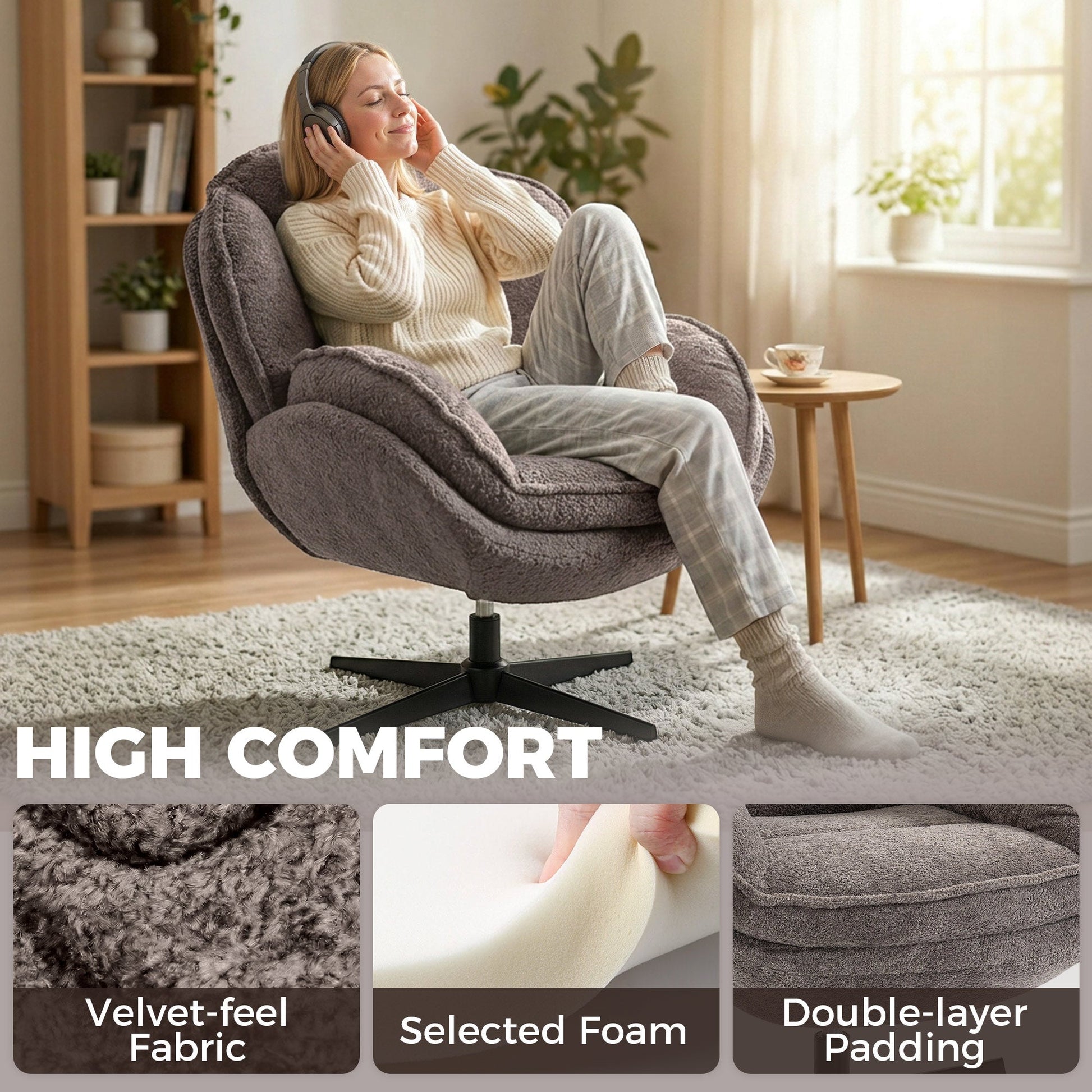 HOMCOM Modern Wingback Accent Chair, Velvet Armchair with Four-Star Base, S-Springs, Swivel, Grey | Luxury Home Accessories | Heulog Glow