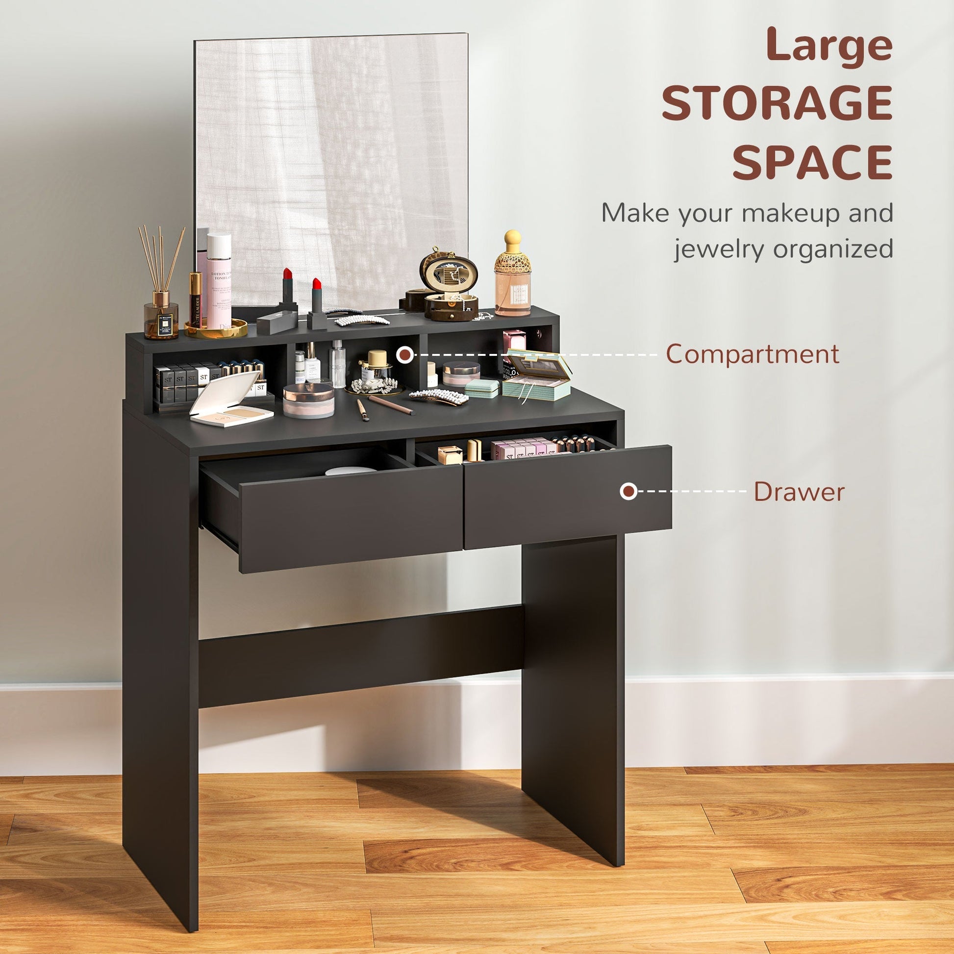 HOMCOM Multi-Storage Dressing Table, with Mirror - Black | Luxury Home Accessories | Heulog Glow