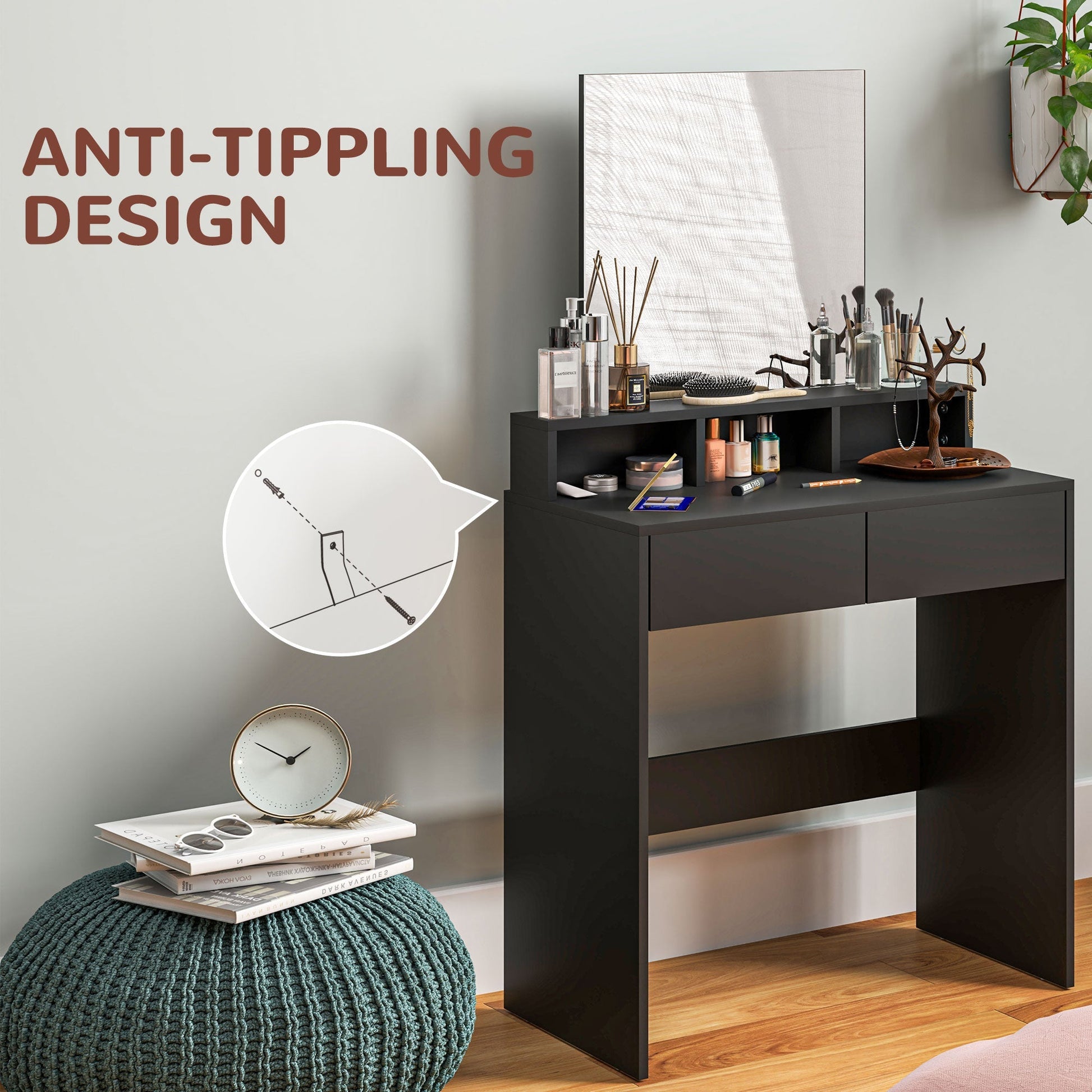 HOMCOM Multi-Storage Dressing Table, with Mirror - Black | Luxury Home Accessories | Heulog Glow