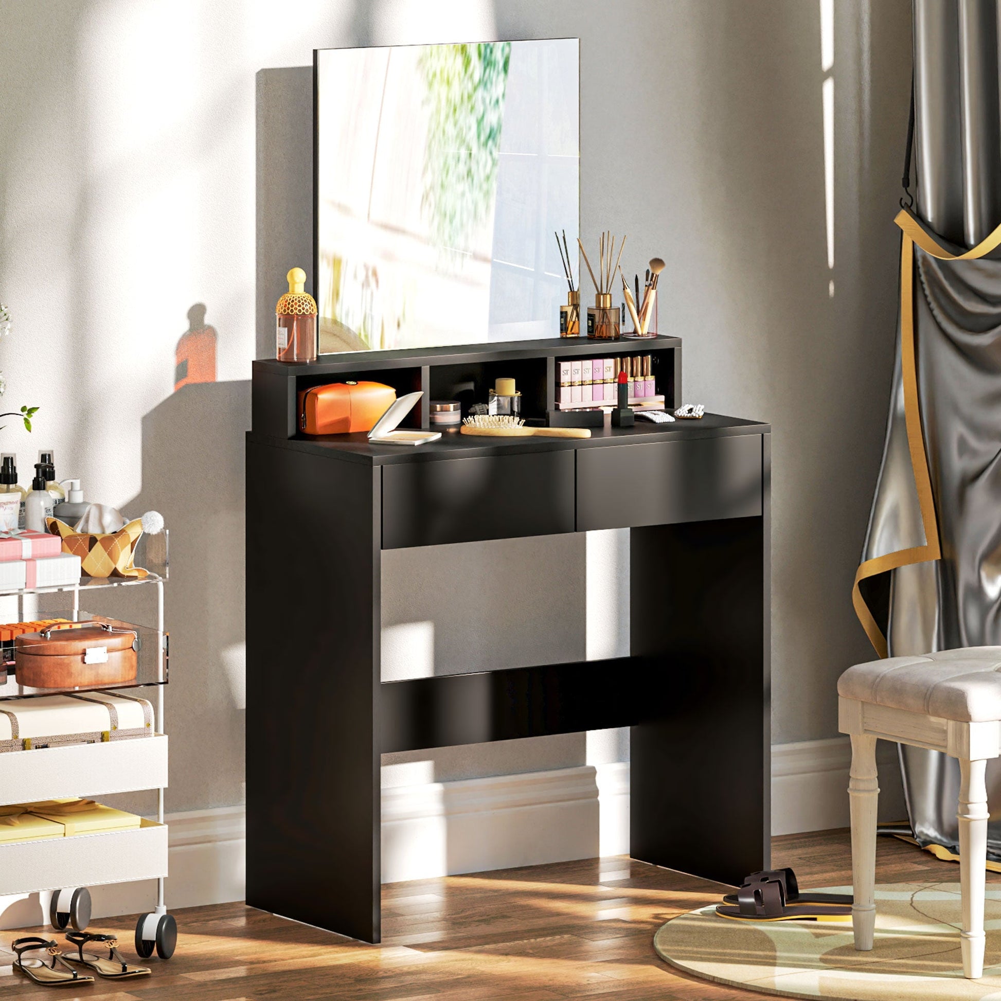 HOMCOM Multi-Storage Dressing Table, with Mirror - Black | Luxury Home Accessories | Heulog Glow