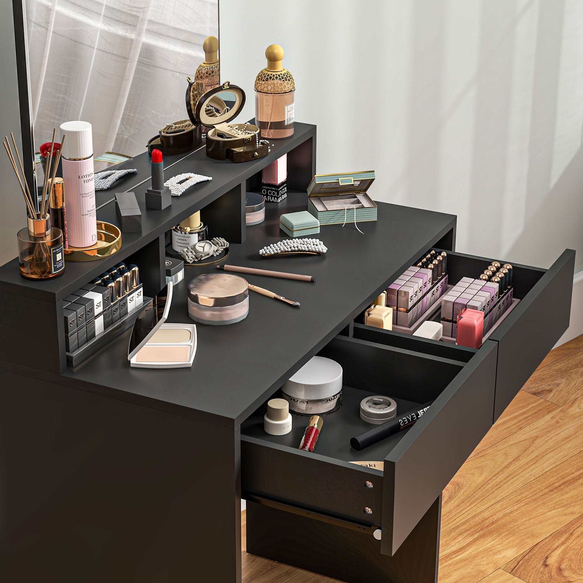 HOMCOM Multi-Storage Dressing Table, with Mirror - Black | Luxury Home Accessories | Heulog Glow