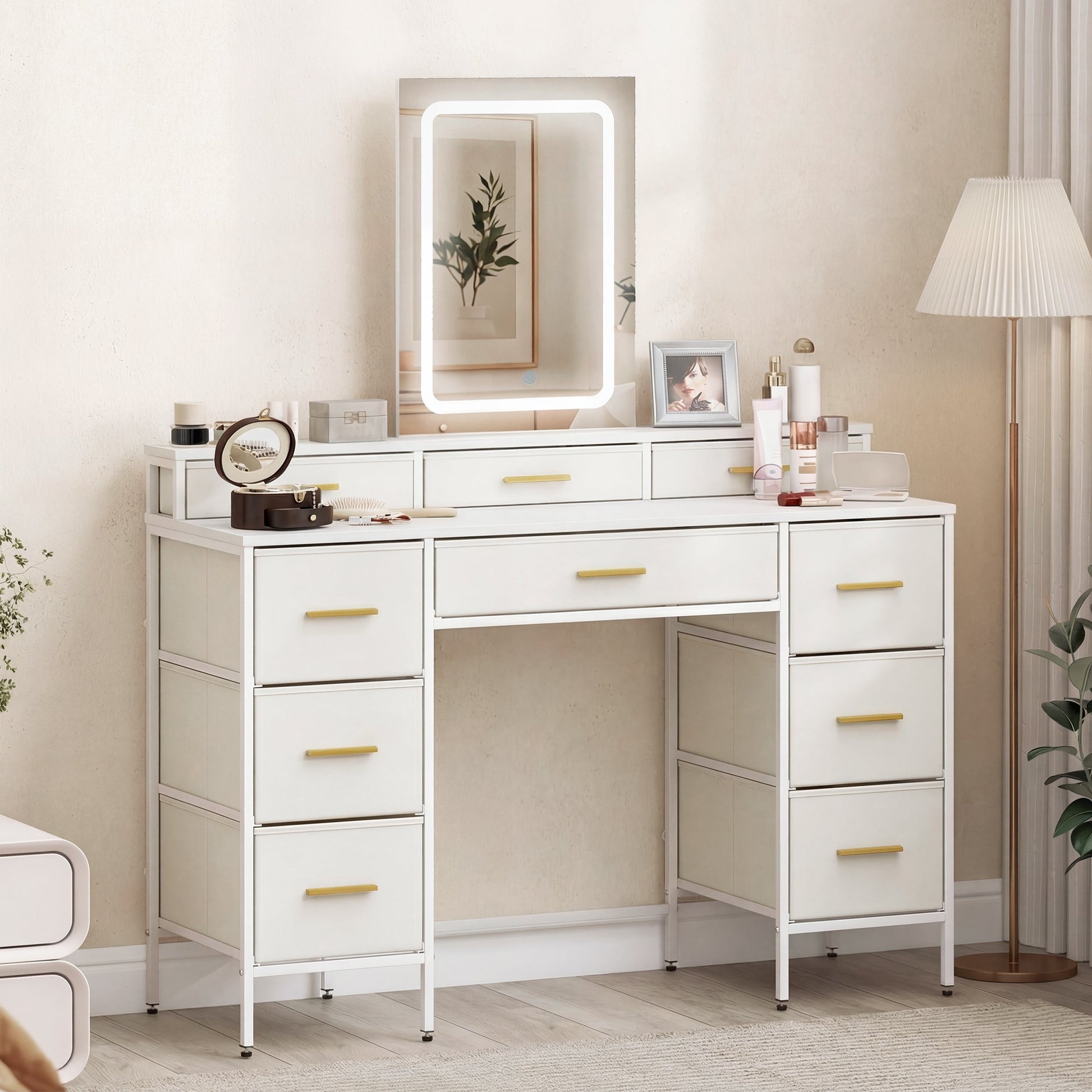 HOMCOM Multi-Storage Elegant Dressing Table, with LED Mirror - White | Luxury Home Accessories | Heulog Glow