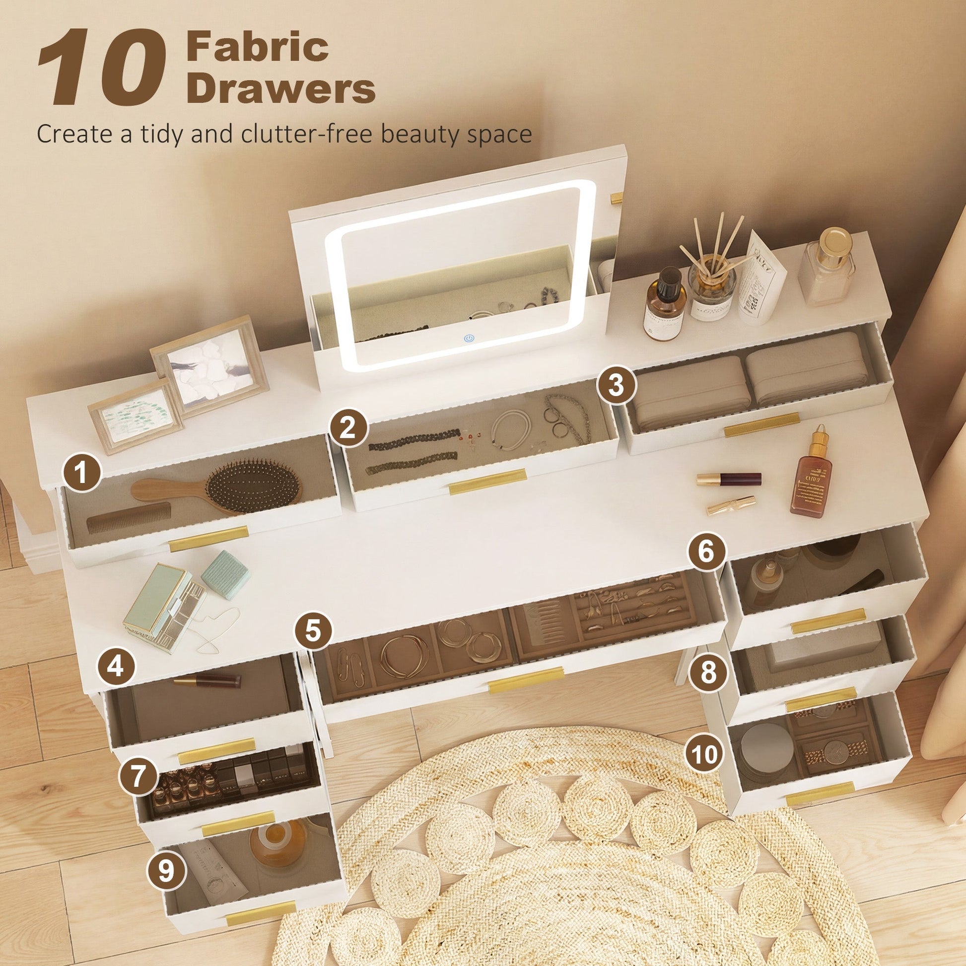 HOMCOM Multi-Storage Elegant Dressing Table, with LED Mirror - White | Luxury Home Accessories | Heulog Glow