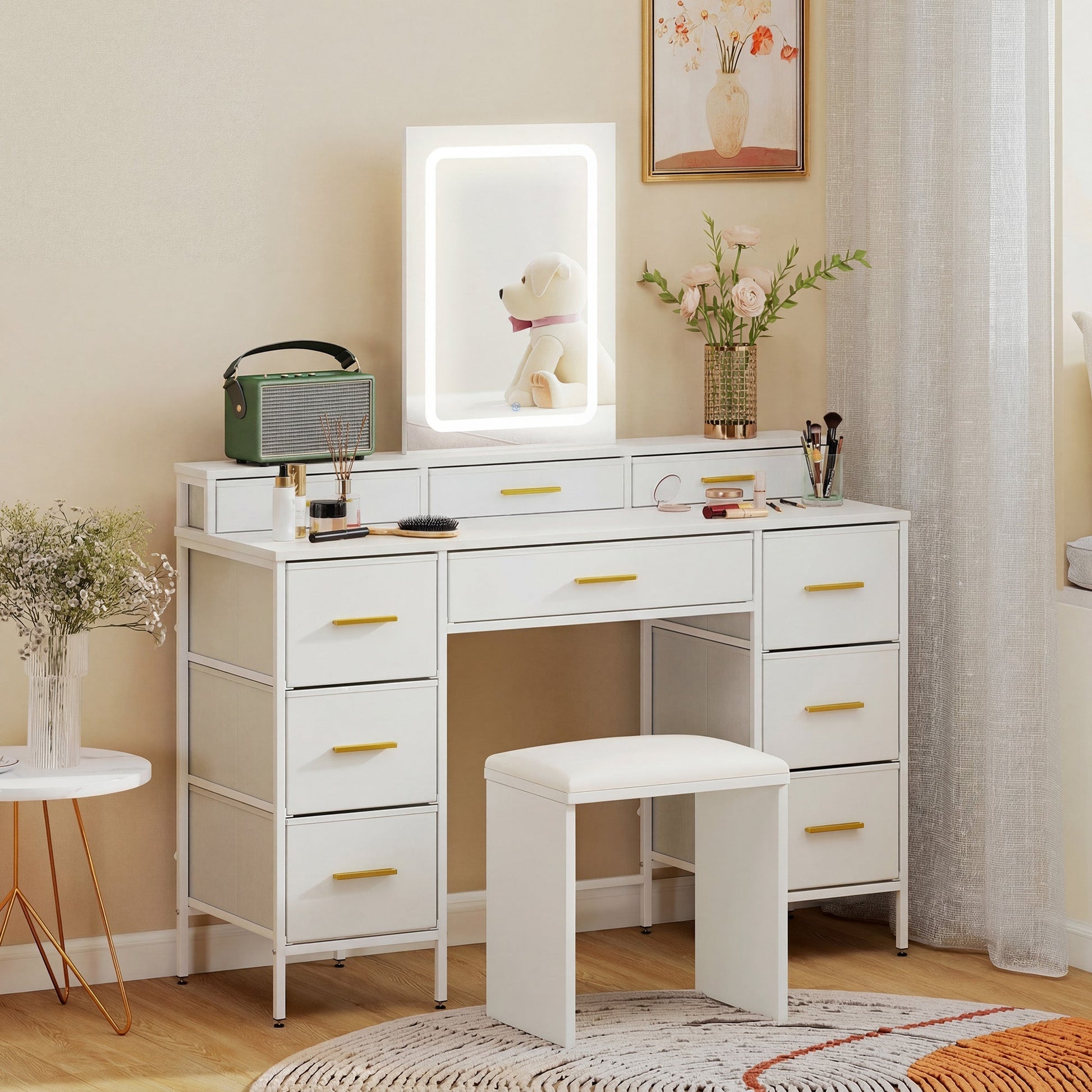 HOMCOM Multi-Storage Elegant Dressing Table, with LED Mirror - White | Luxury Home Accessories | Heulog Glow