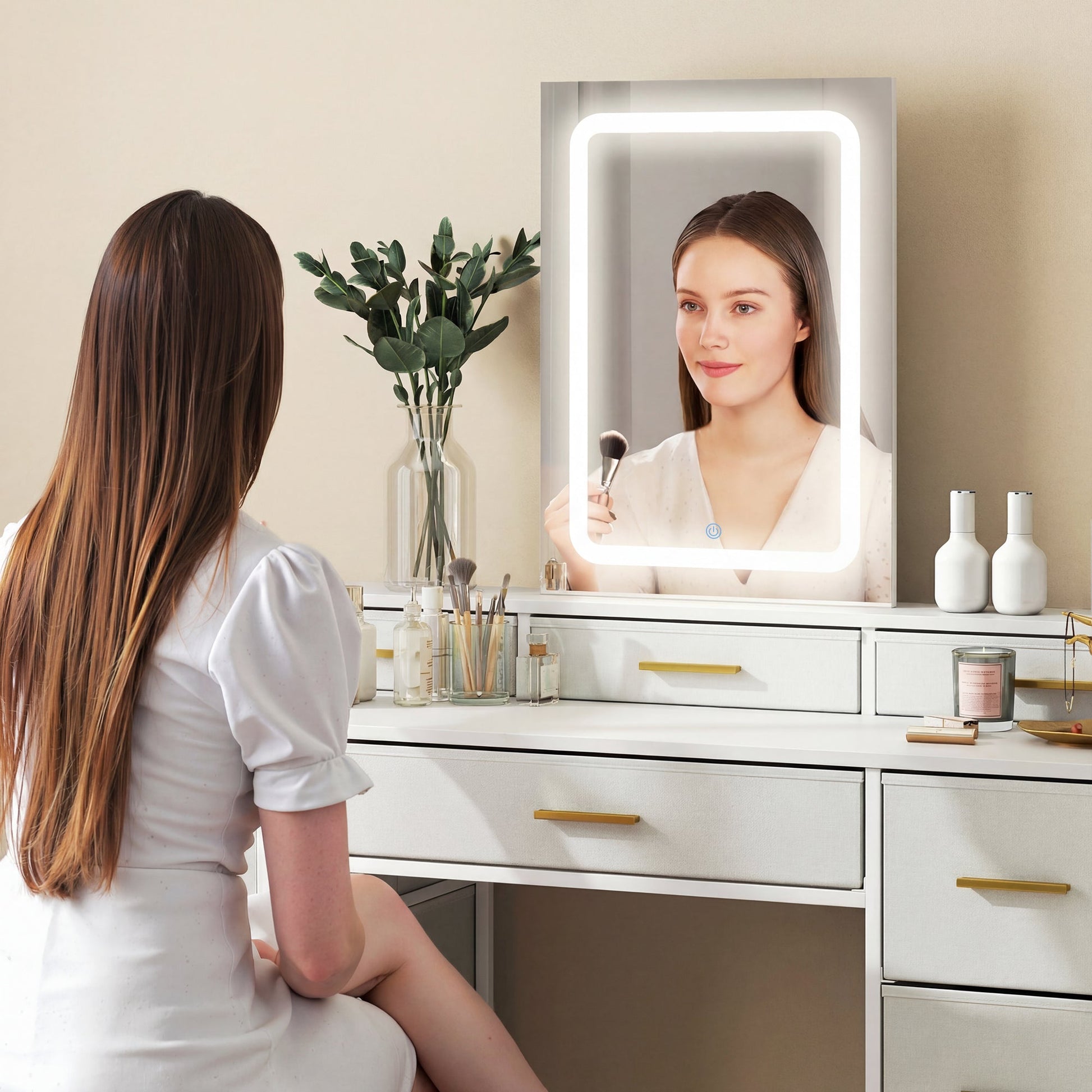 HOMCOM Multi-Storage Elegant Dressing Table, with LED Mirror - White | Luxury Home Accessories | Heulog Glow