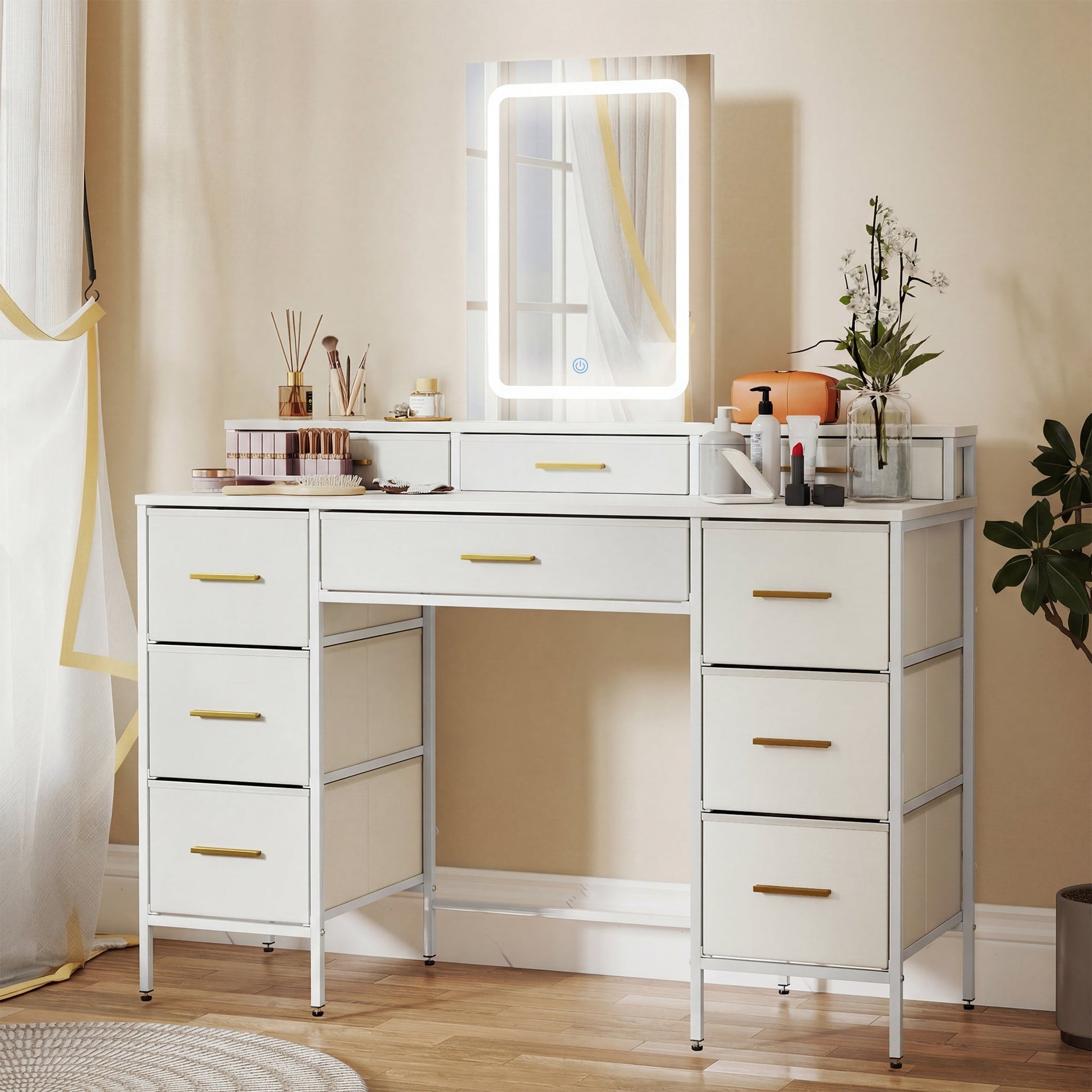 HOMCOM Multi-Storage Elegant Dressing Table, with LED Mirror - White | Luxury Home Accessories | Heulog Glow