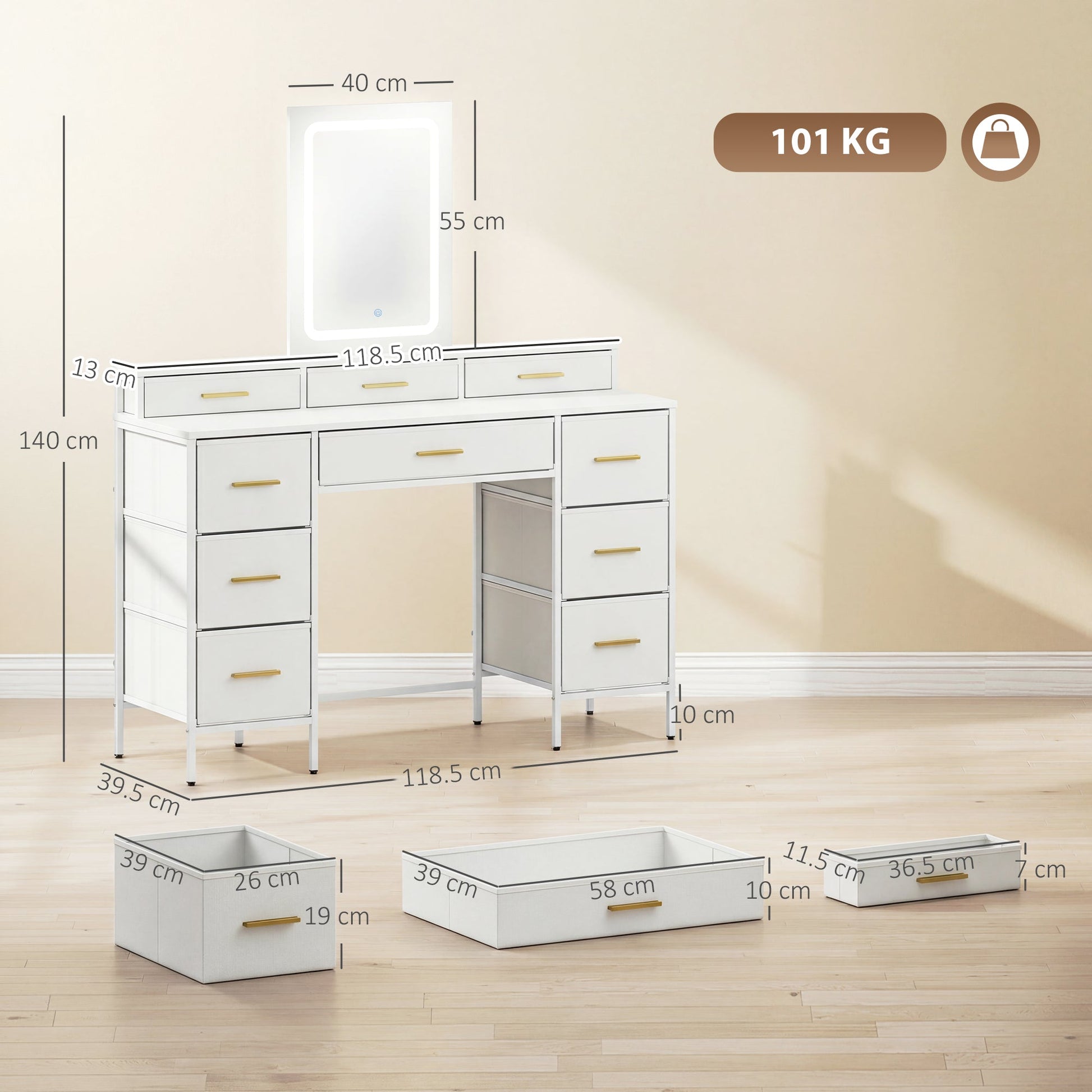 HOMCOM Multi-Storage Elegant Dressing Table, with LED Mirror - White | Luxury Home Accessories | Heulog Glow