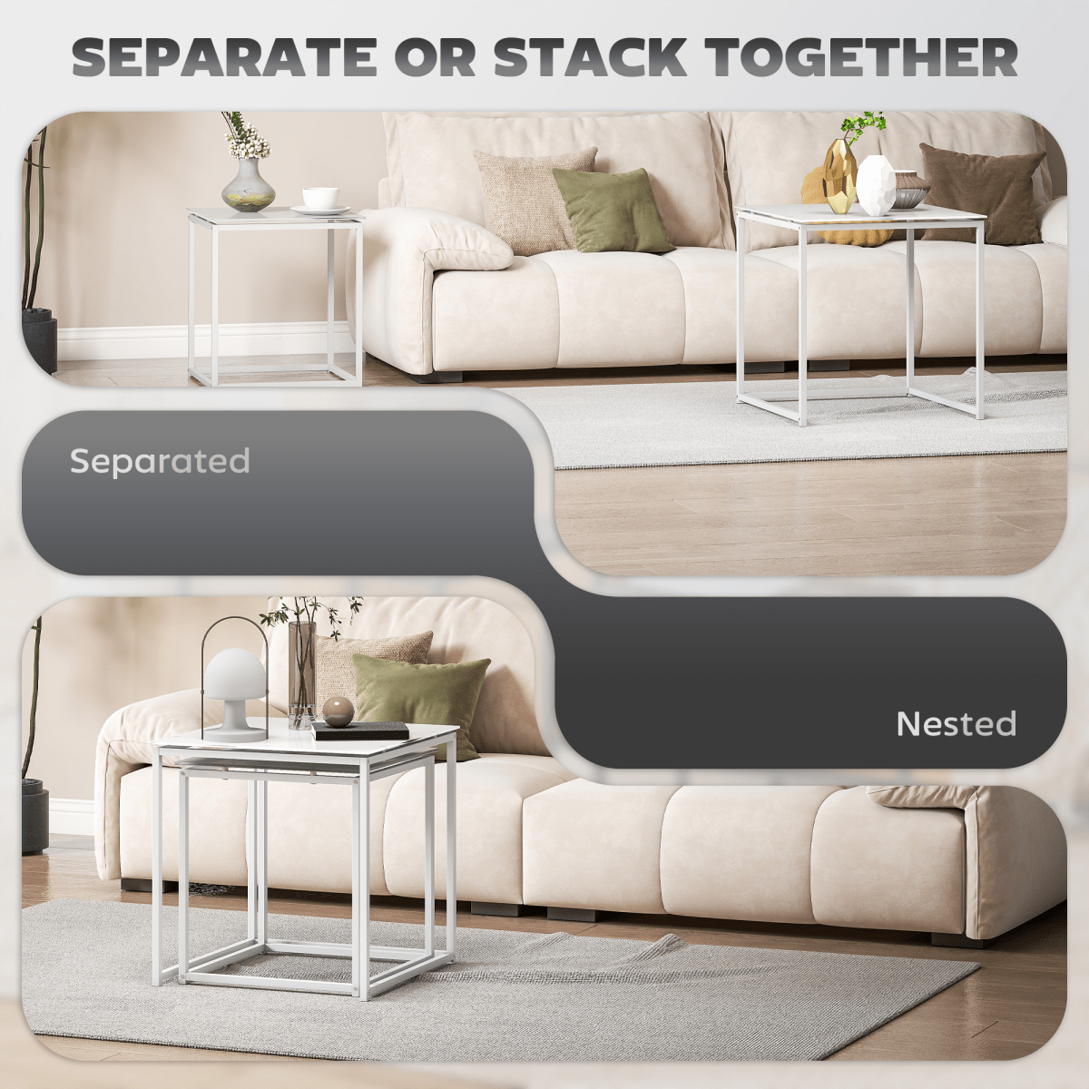 HOMCOM Nest of 2 Side Tables Set of Bedside Tables for Living Room | Luxury Home Accessories | Heulog Glow