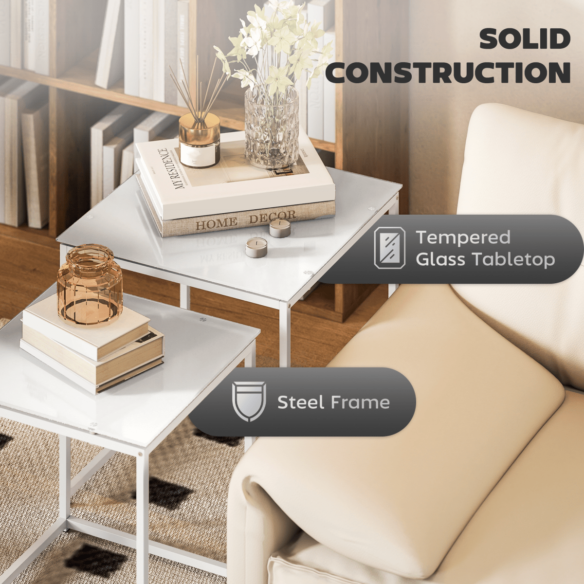 HOMCOM Nest of 2 Side Tables Set of Bedside Tables for Living Room | Luxury Home Accessories | Heulog Glow
