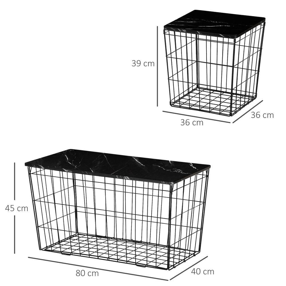 HOMCOM Nest of Tables, Side Tables Set of 2 with Marble Effect board and Wire Metal Frame, Coffee Tables for Living Room, Bedroom, Black | Luxury Home Accessories | Heulog Glow