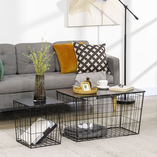 HOMCOM Nest of Tables, Side Tables Set of 2 with Marble Effect board and Wire Metal Frame, Coffee Tables for Living Room, Bedroom, Black | Luxury Home Accessories | Heulog Glow