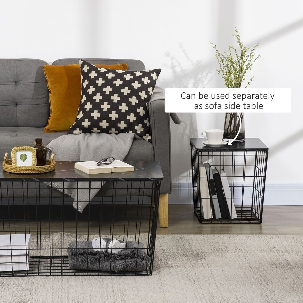 HOMCOM Nest of Tables, Side Tables Set of 2 with Marble Effect board and Wire Metal Frame, Coffee Tables for Living Room, Bedroom, Black | Luxury Home Accessories | Heulog Glow