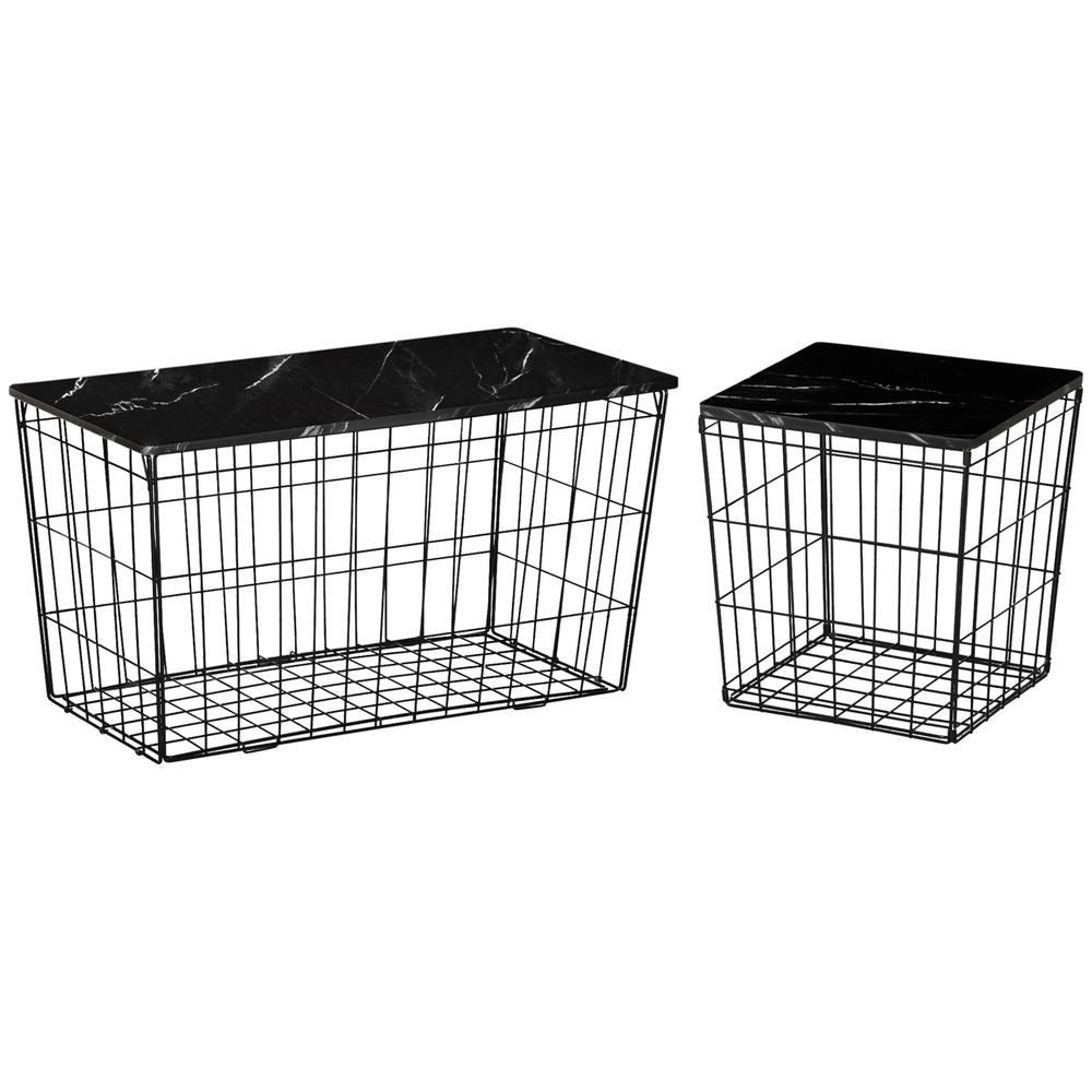 HOMCOM Nest of Tables, Side Tables Set of 2 with Marble Effect board and Wire Metal Frame, Coffee Tables for Living Room, Bedroom, Black | Luxury Home Accessories | Heulog Glow