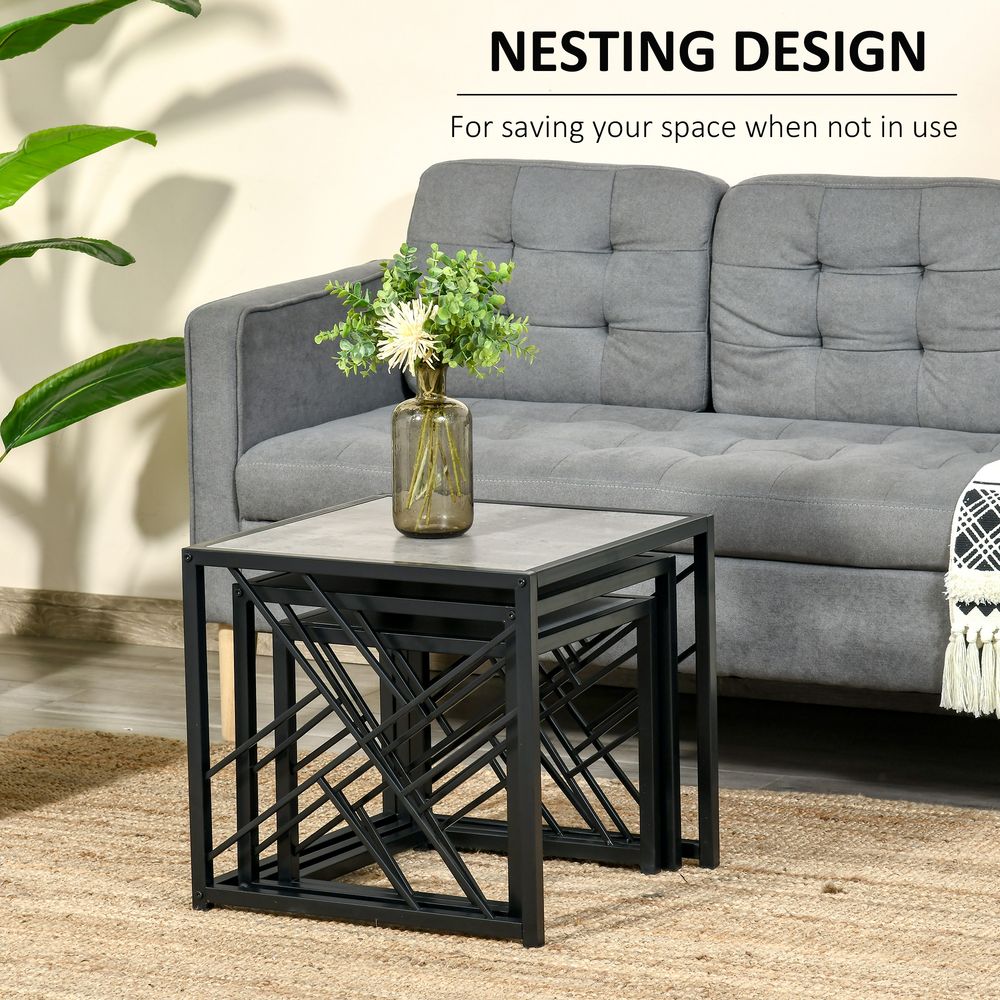 HOMCOM Nesting Coffee Tables, Set of 3 Square Side Tables with Black Metal Frame, for Living Room, Bedroom and Office, Grey | Luxury Home Accessories | Heulog Glow