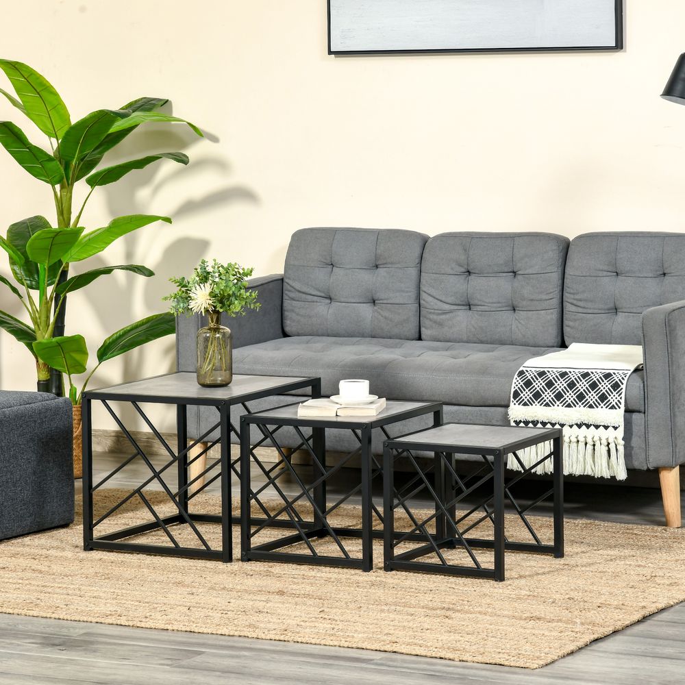 HOMCOM Nesting Coffee Tables, Set of 3 Square Side Tables with Black Metal Frame, for Living Room, Bedroom and Office, Grey | Luxury Home Accessories | Heulog Glow