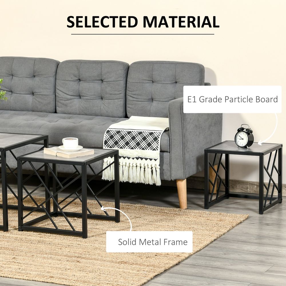 HOMCOM Nesting Coffee Tables, Set of 3 Square Side Tables with Black Metal Frame, for Living Room, Bedroom and Office, Grey | Luxury Home Accessories | Heulog Glow