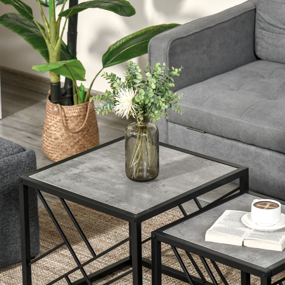 HOMCOM Nesting Coffee Tables, Set of 3 Square Side Tables with Black Metal Frame, for Living Room, Bedroom and Office, Grey | Luxury Home Accessories | Heulog Glow