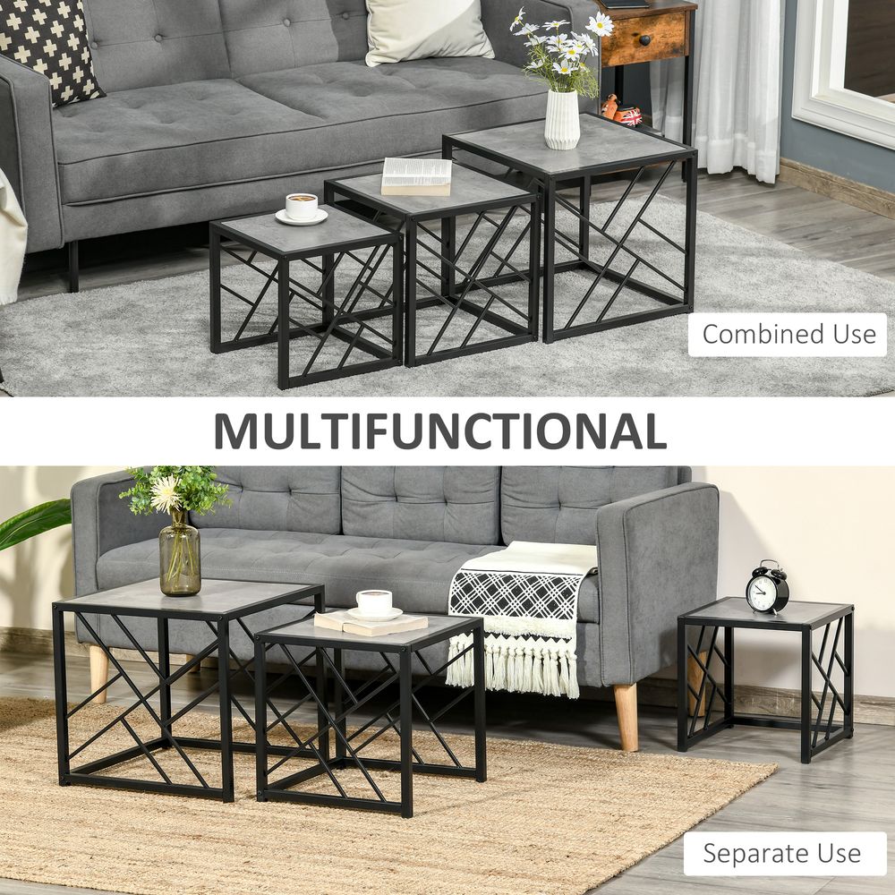 HOMCOM Nesting Coffee Tables, Set of 3 Square Side Tables with Black Metal Frame, for Living Room, Bedroom and Office, Grey | Luxury Home Accessories | Heulog Glow