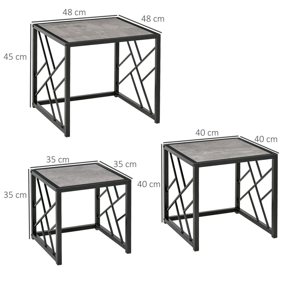 HOMCOM Nesting Coffee Tables, Set of 3 Square Side Tables with Black Metal Frame, for Living Room, Bedroom and Office, Grey | Luxury Home Accessories | Heulog Glow