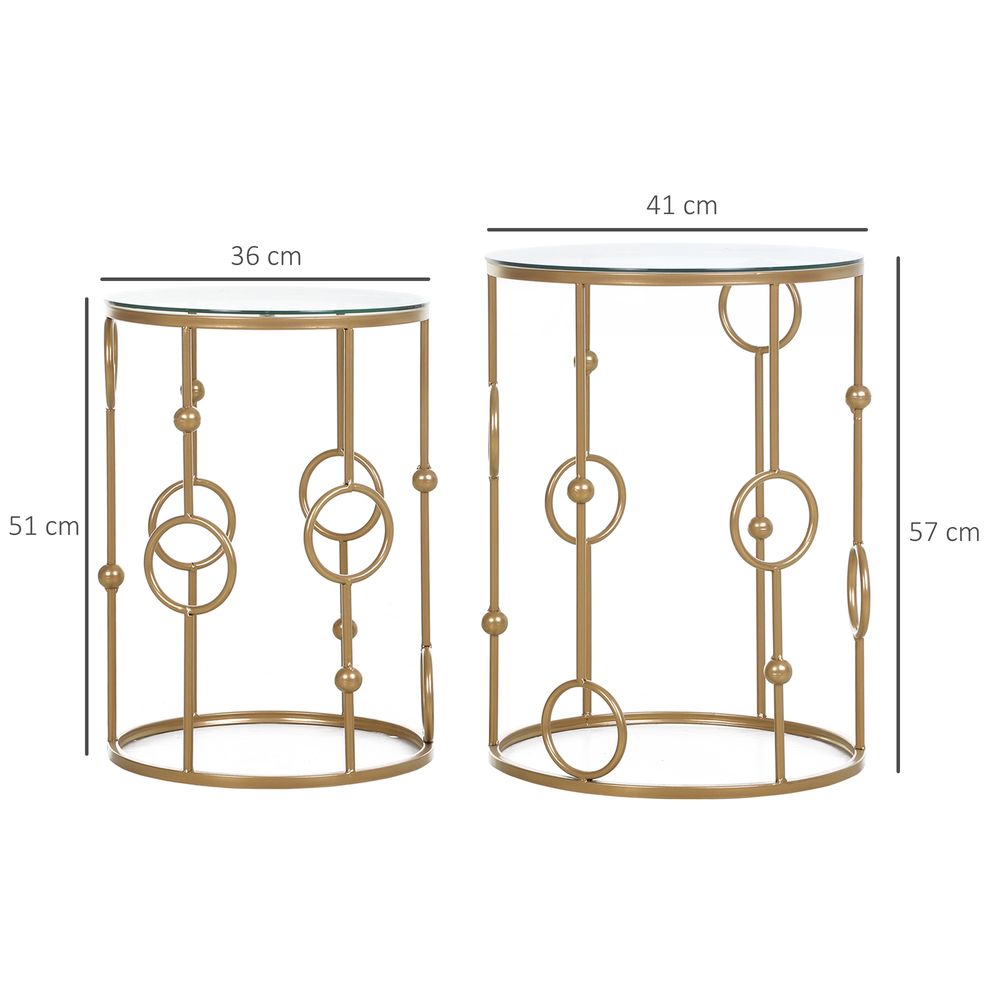 HOMCOM Round Coffee Tables Set of 2, Gold Nesting Side End Tables with Tempered Glass Top, Steel Frame for Living Room, Gold E | Luxury Home Accessories | Heulog Glow