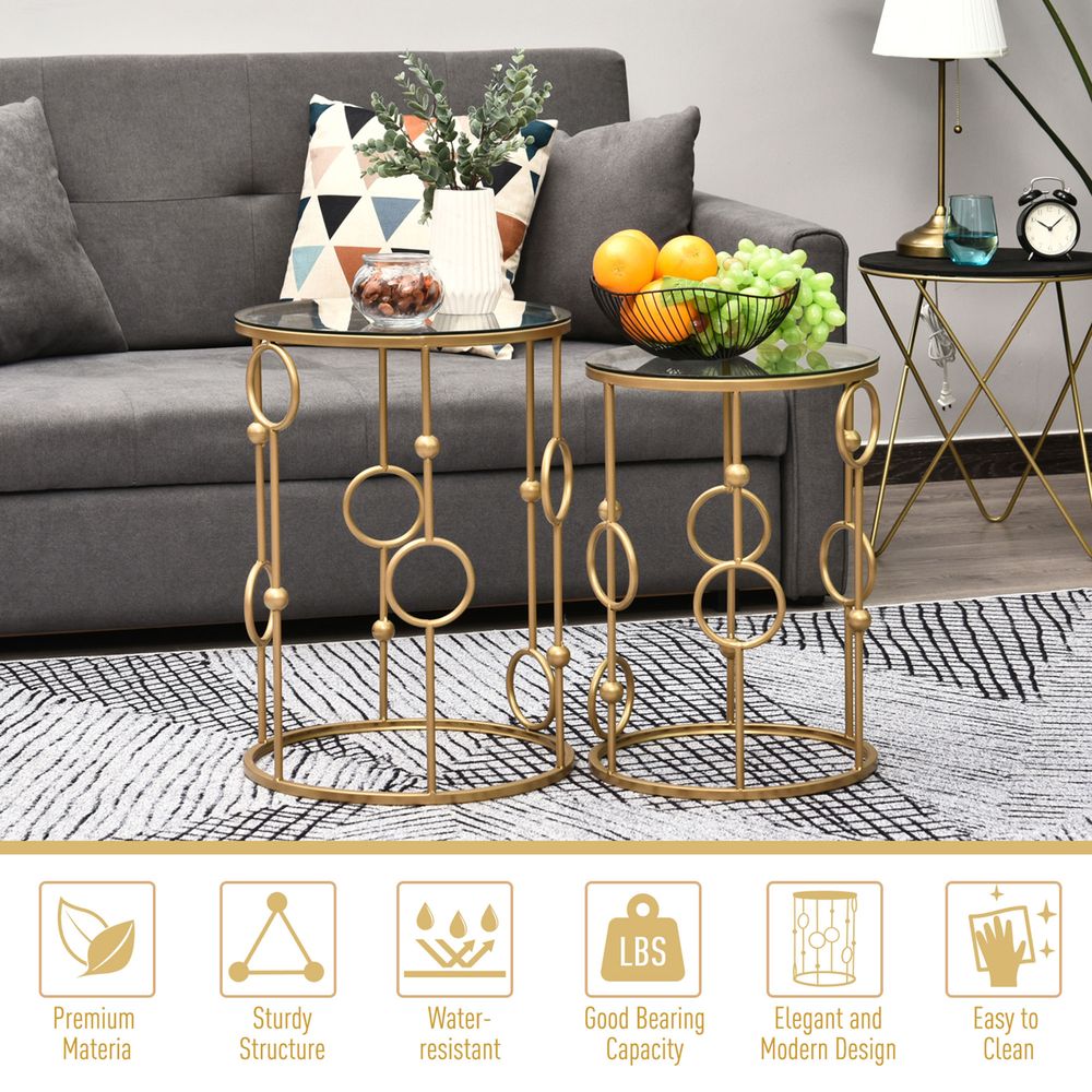 HOMCOM Round Coffee Tables Set of 2, Gold Nesting Side End Tables with Tempered Glass Top, Steel Frame for Living Room, Gold E | Luxury Home Accessories | Heulog Glow