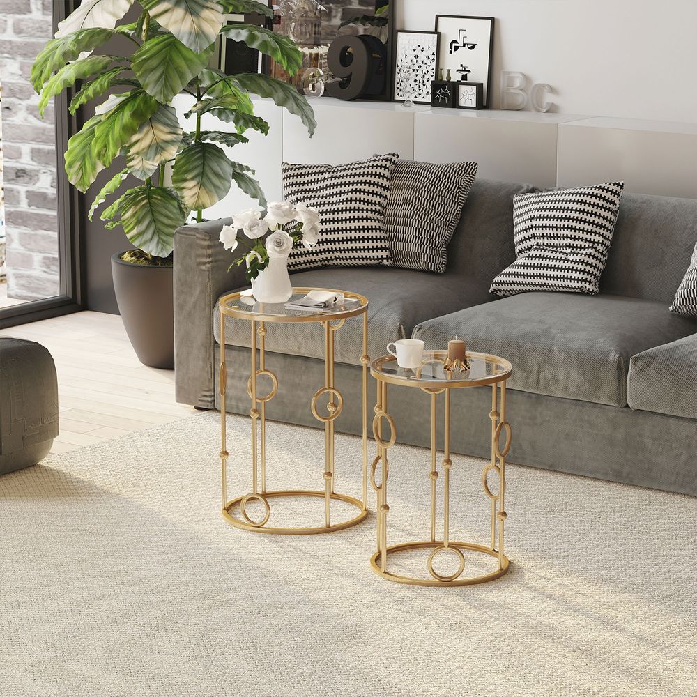 HOMCOM Round Coffee Tables Set of 2, Gold Nesting Side End Tables with Tempered Glass Top, Steel Frame for Living Room, Gold E | Luxury Home Accessories | Heulog Glow