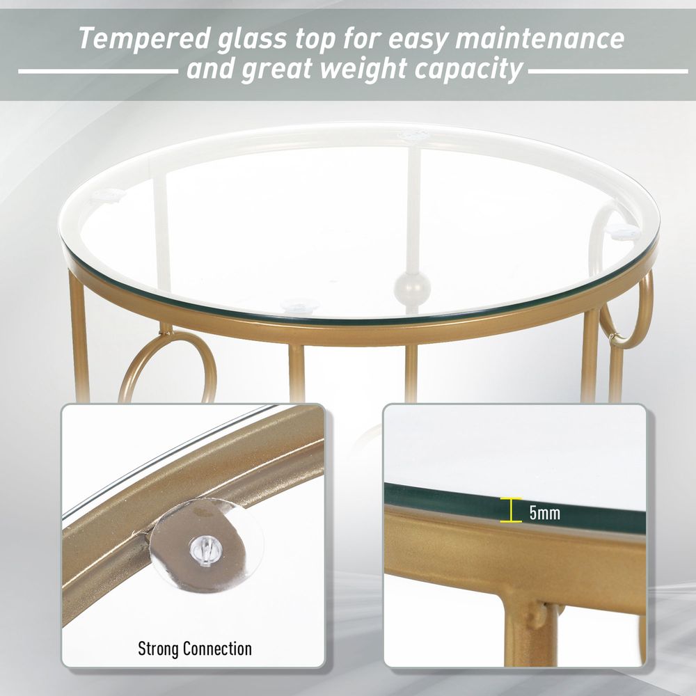 HOMCOM Round Coffee Tables Set of 2, Gold Nesting Side End Tables with Tempered Glass Top, Steel Frame for Living Room, Gold E | Luxury Home Accessories | Heulog Glow