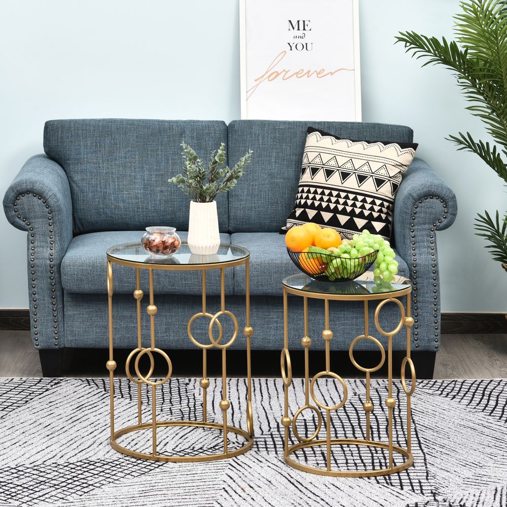 HOMCOM Round Coffee Tables Set of 2, Gold Nesting Side End Tables with Tempered Glass Top, Steel Frame for Living Room, Gold E | Luxury Home Accessories | Heulog Glow