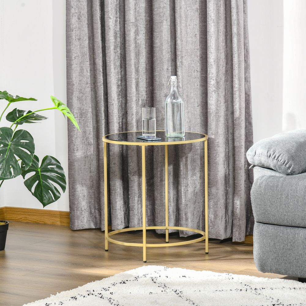 HOMCOM Round Side Table Morden Coffee Tables with Gold Metal Base, Table with Tempered Glass Tabletop, for Living Room, Bedroom, dining room | Luxury Home Accessories | Heulog Glow