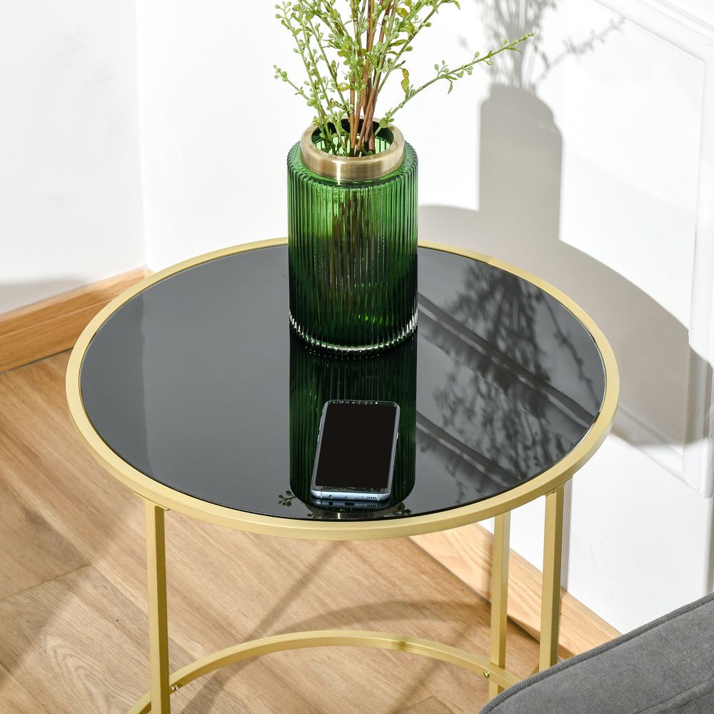 HOMCOM Round Side Table Morden Coffee Tables with Gold Metal Base, Table with Tempered Glass Tabletop, for Living Room, Bedroom, dining room | Luxury Home Accessories | Heulog Glow