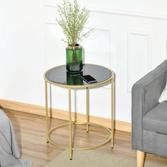 HOMCOM Round Side Table Morden Coffee Tables with Gold Metal Base, Table with Tempered Glass Tabletop, for Living Room, Bedroom, dining room | Luxury Home Accessories | Heulog Glow