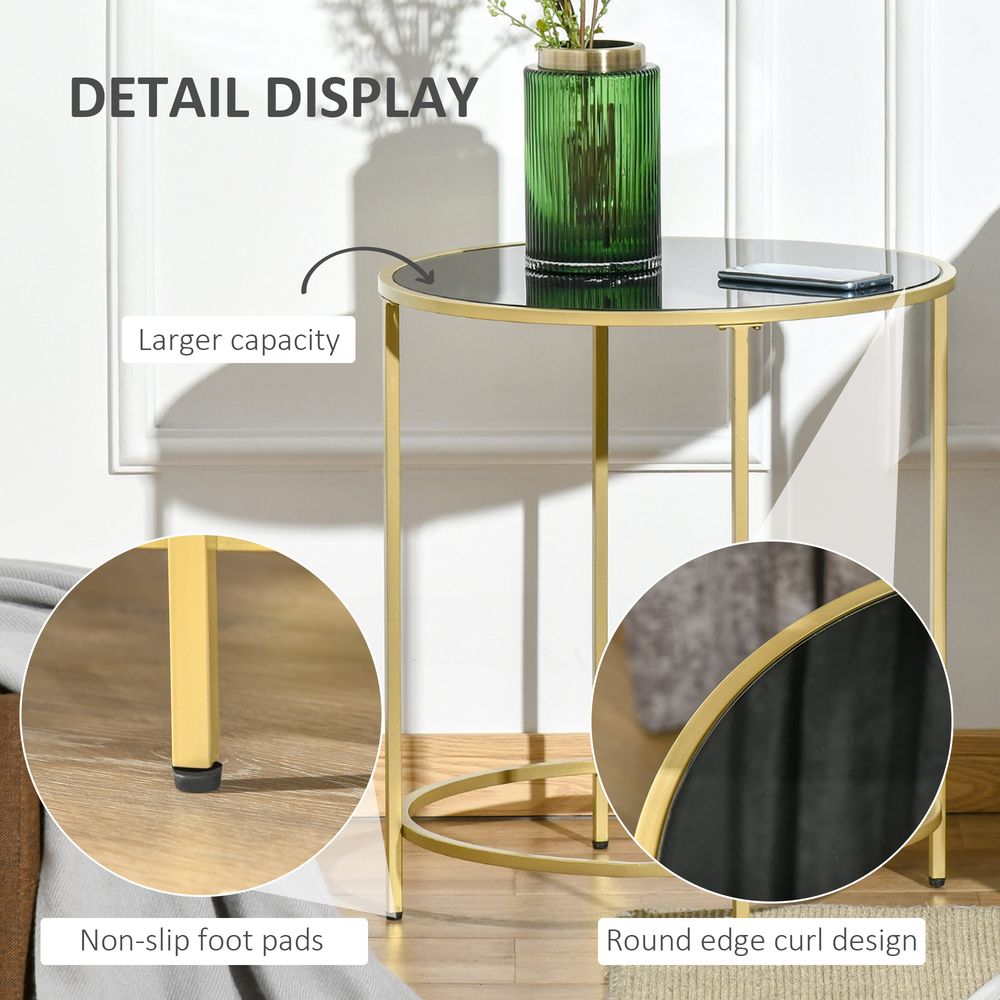 HOMCOM Round Side Table Morden Coffee Tables with Gold Metal Base, Table with Tempered Glass Tabletop, for Living Room, Bedroom, dining room | Luxury Home Accessories | Heulog Glow