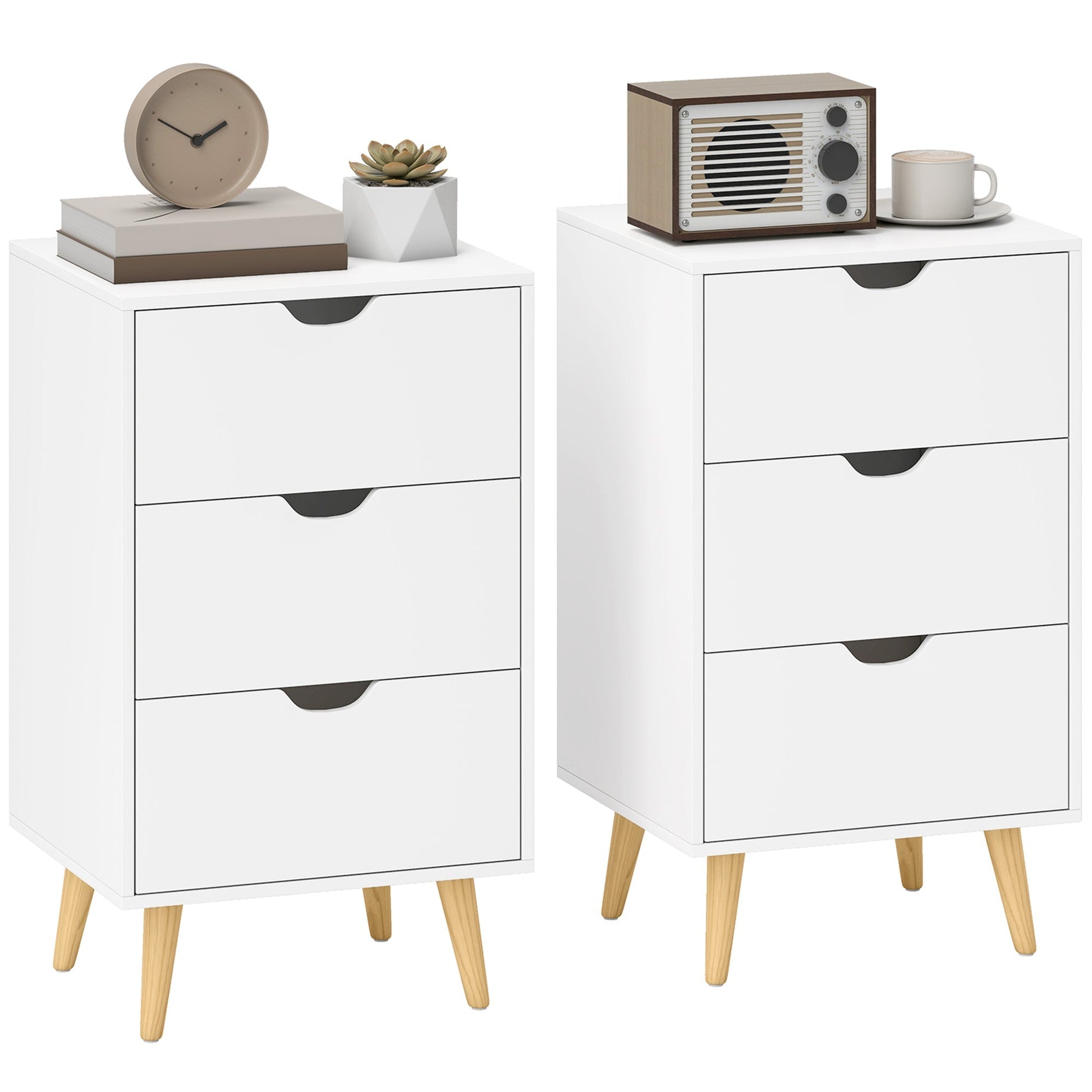 HOMCOM Set of 2 Bedside Tables, Modern Nightstand Side End Table with 3 Storage Drawers and Solid Pine Wood Legs for Bedroom Living Room Entryway, White | Luxury Home Accessories | Heulog Glow