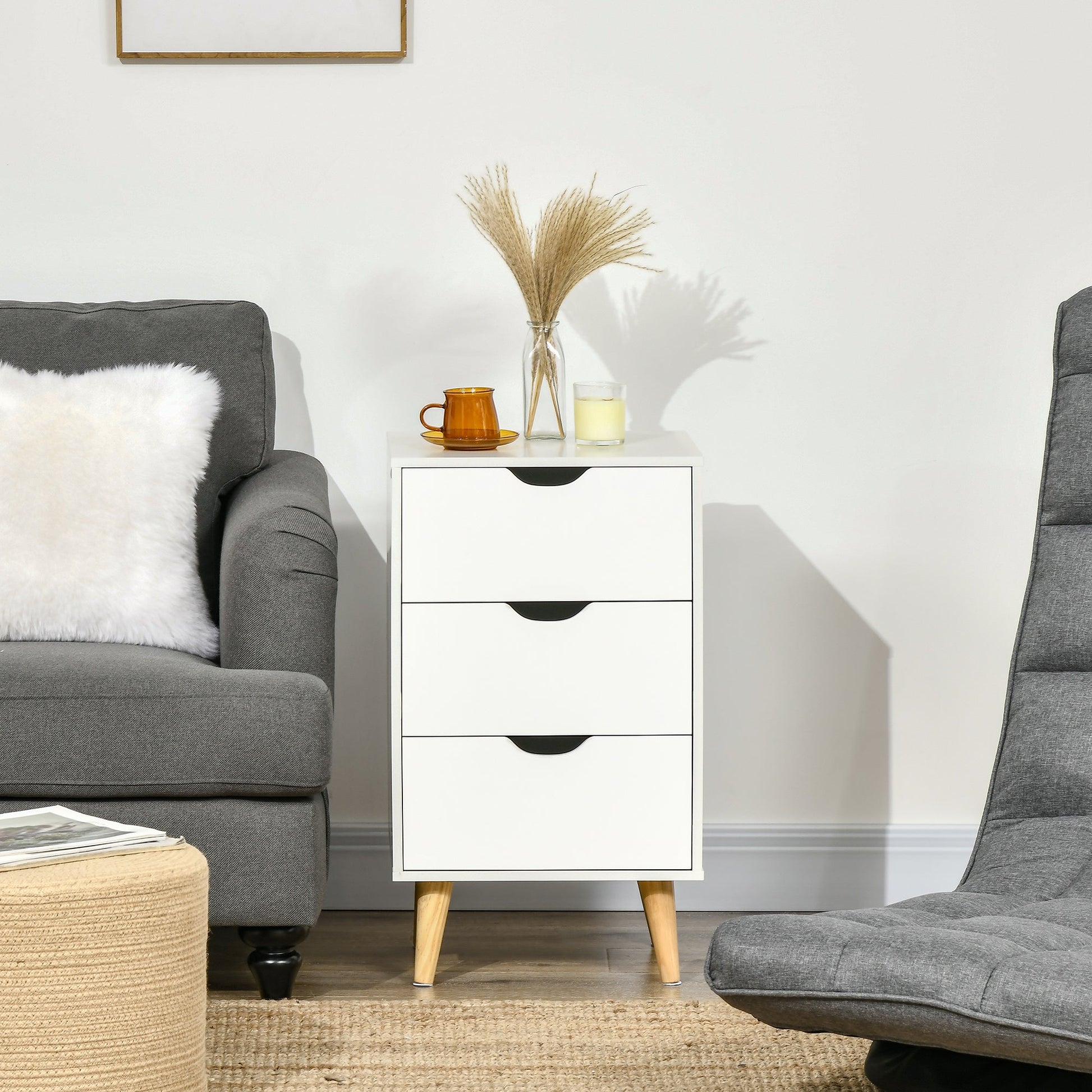 HOMCOM Set of 2 Bedside Tables, Modern Nightstand Side End Table with 3 Storage Drawers and Solid Pine Wood Legs for Bedroom Living Room Entryway, White | Luxury Home Accessories | Heulog Glow