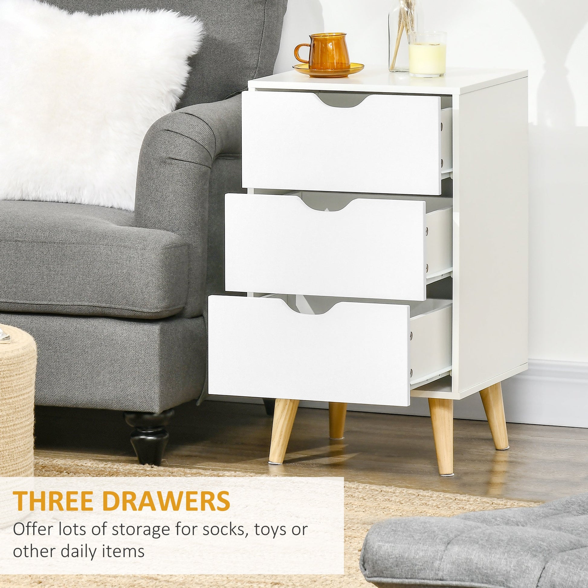 HOMCOM Set of 2 Bedside Tables, Modern Nightstand Side End Table with 3 Storage Drawers and Solid Pine Wood Legs for Bedroom Living Room Entryway, White | Luxury Home Accessories | Heulog Glow